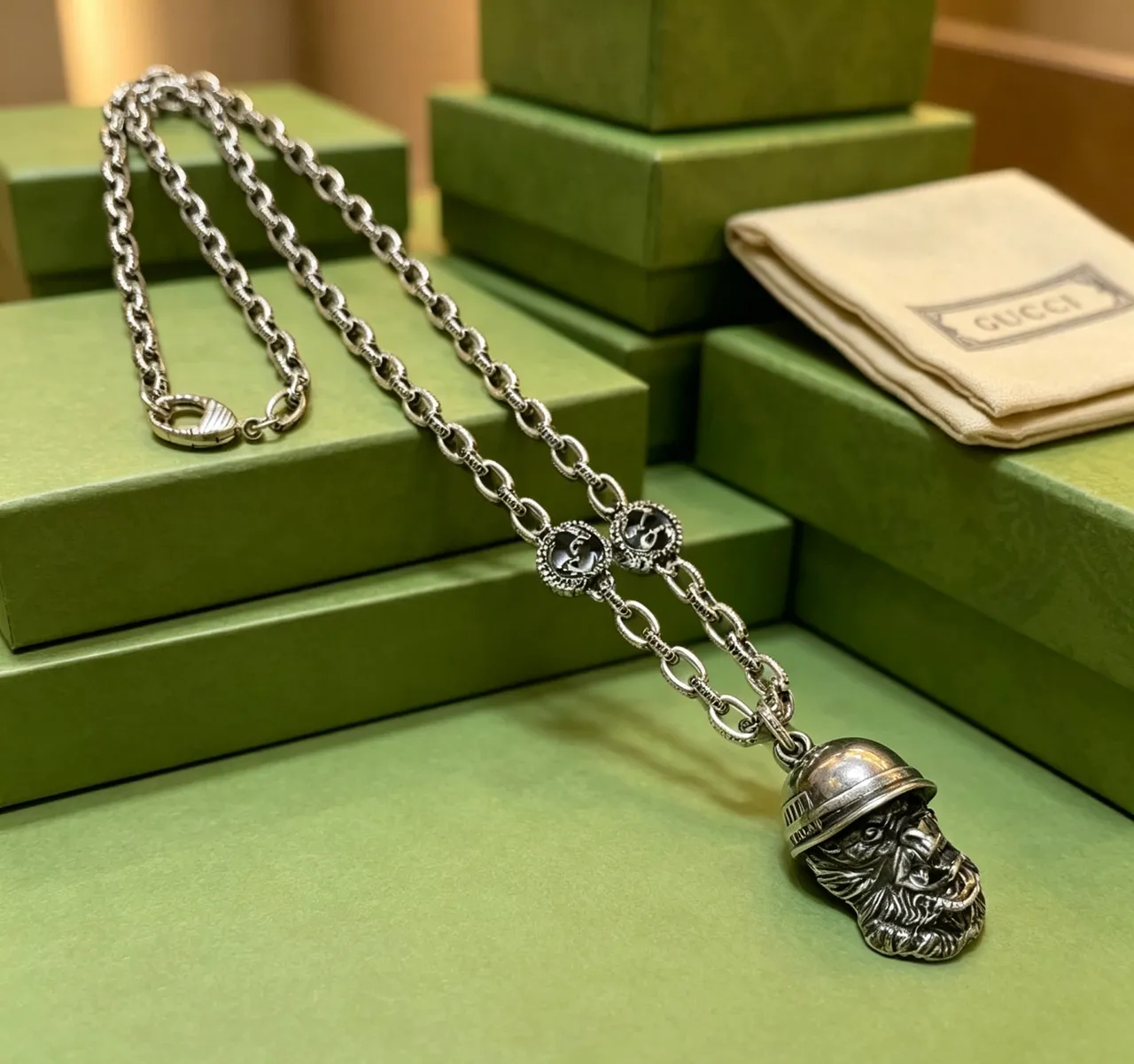 Gucci Sculpted Helmeted Head Pendant Necklace