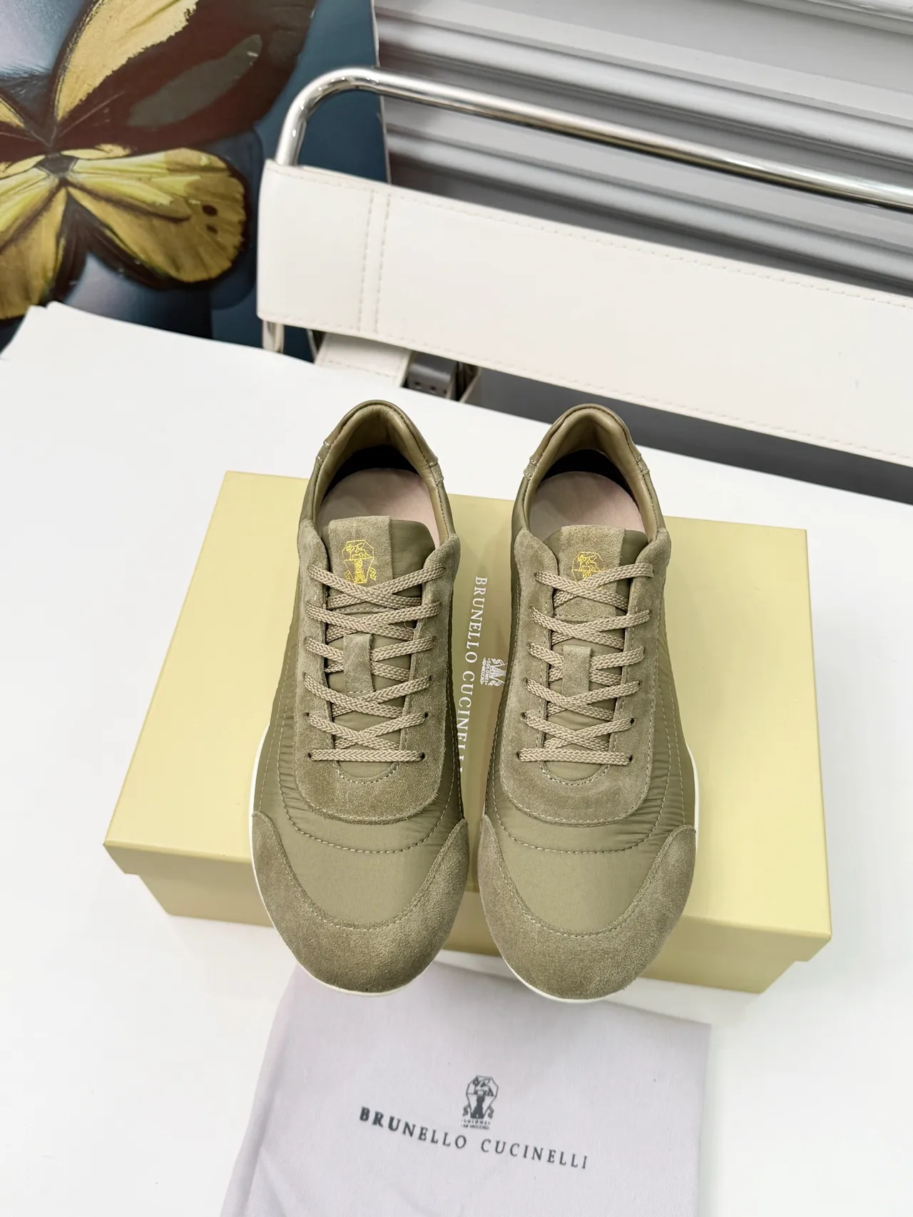 Brunello Cucinelli Olive Green Suede and Textile Lifestyle Sneakers