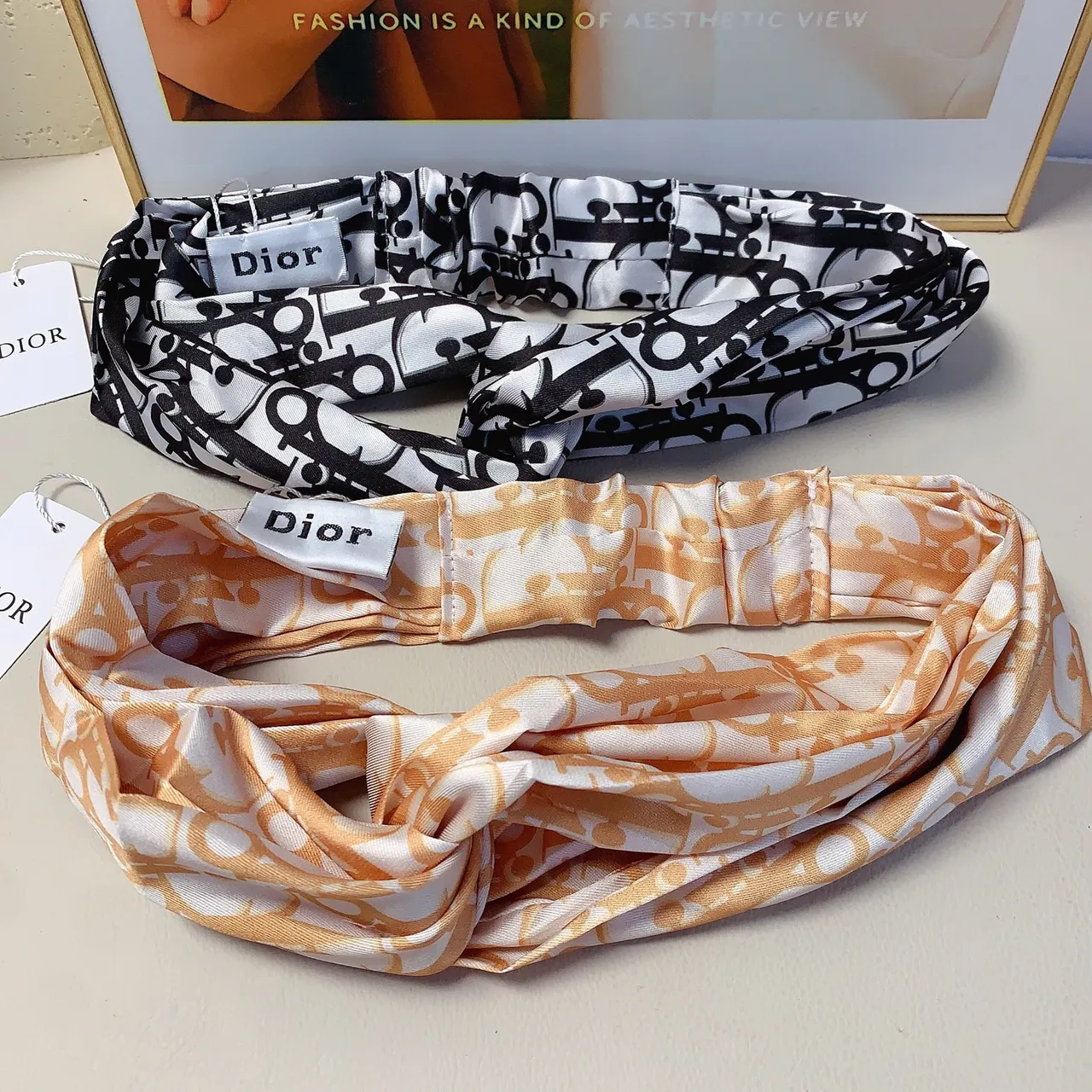 Dior White Black Twisted Knot Front Elasticated Band Silk Scarf