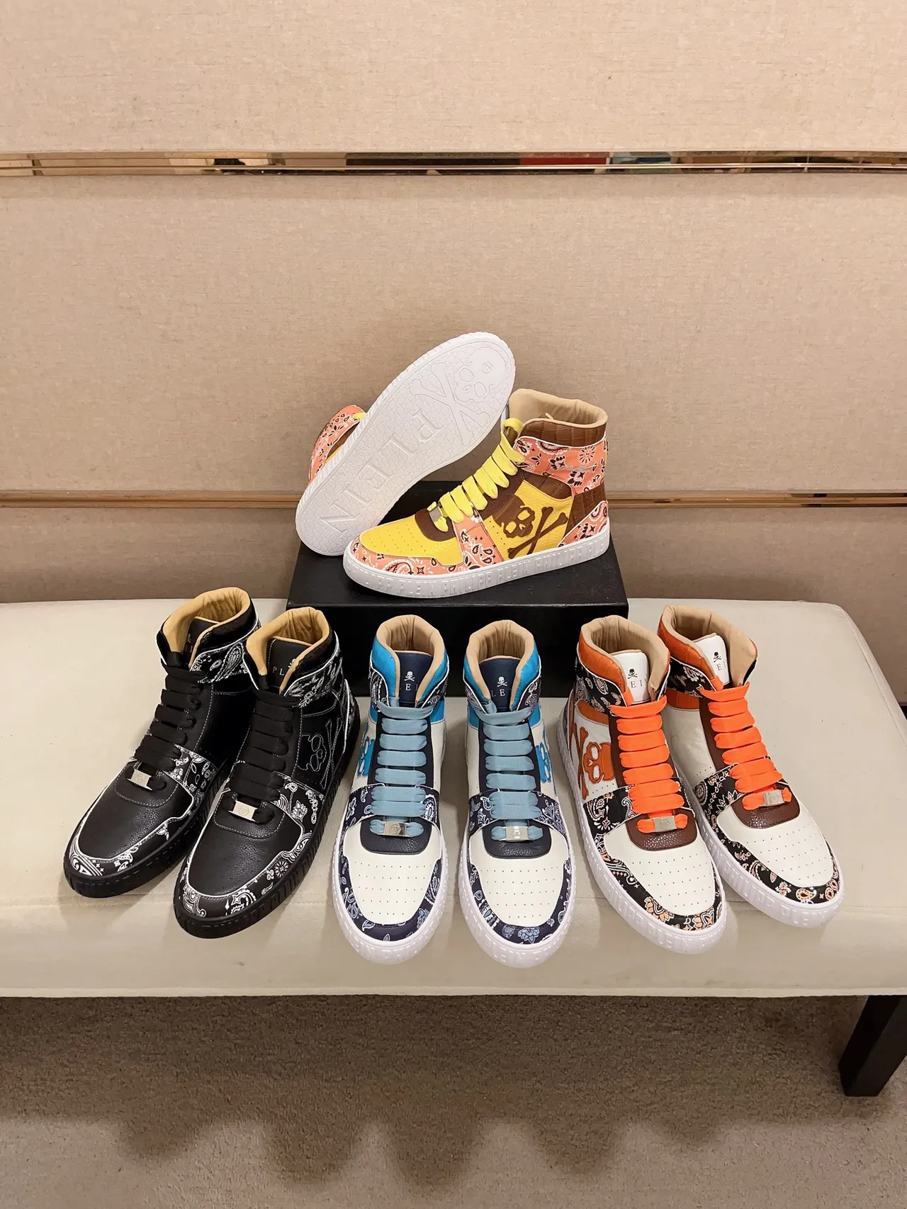 Philipp Plein White Orange High-Top Paisley-Print Lifestyle Sneakers