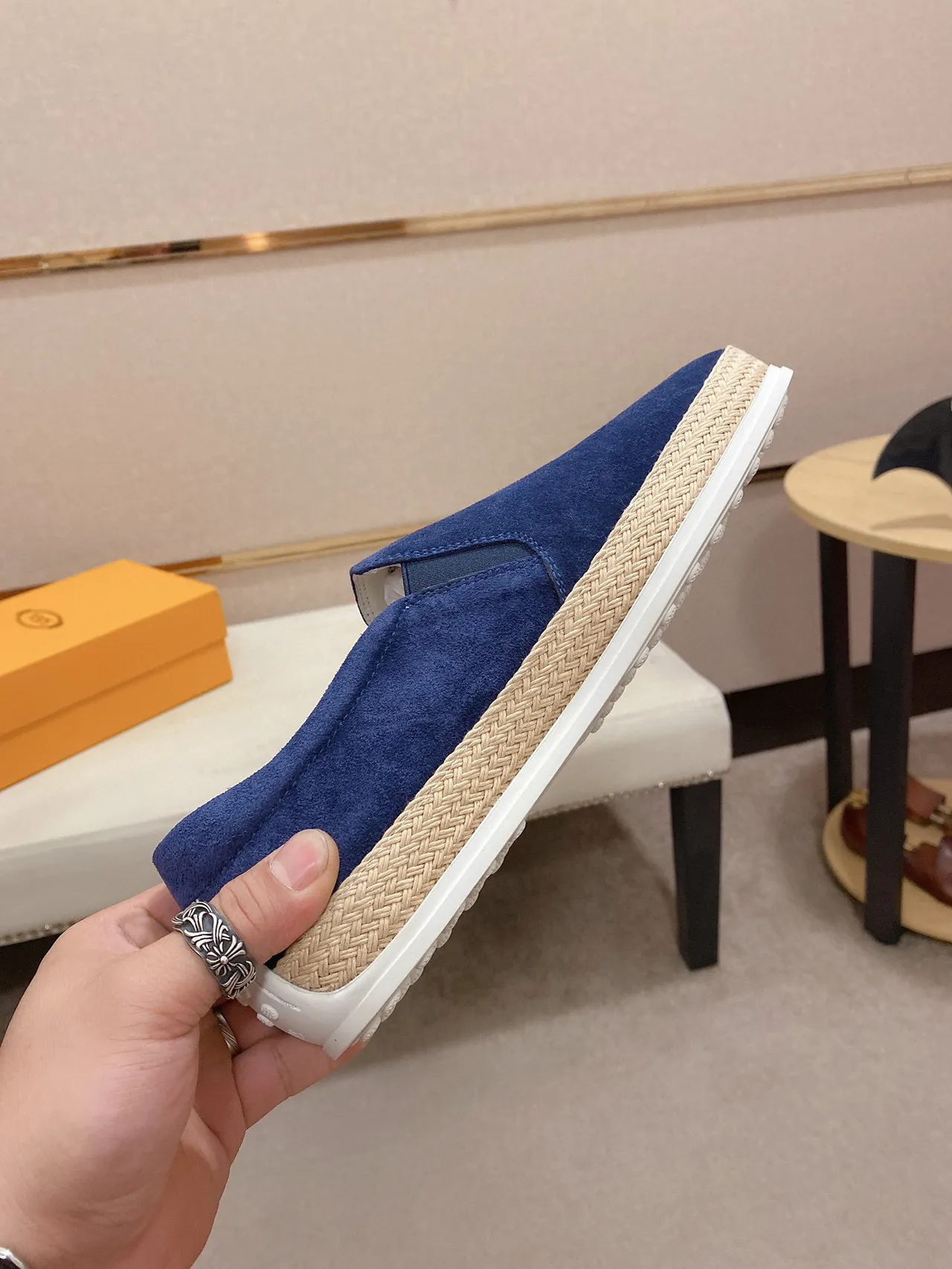Blue Beige Suede Upper Espadrille Sole Boat Shoes