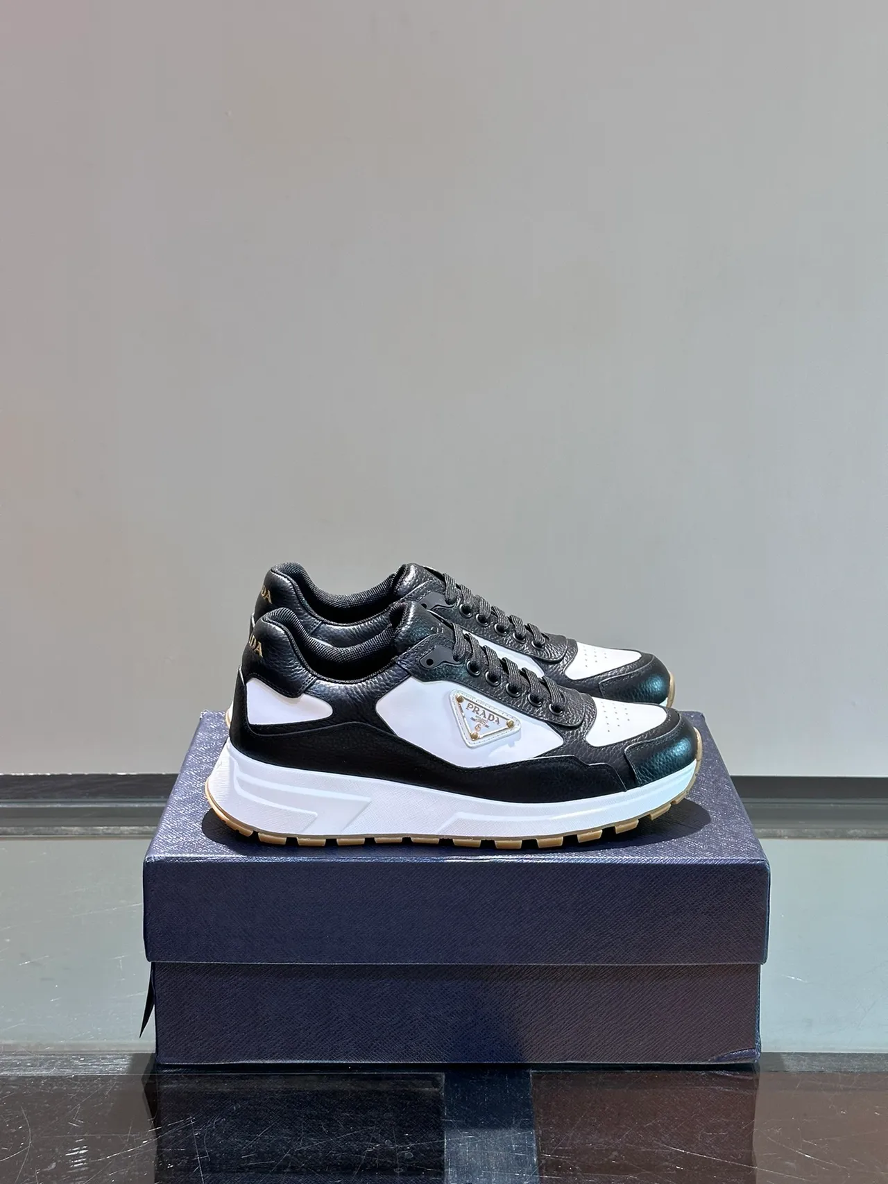 Prada Black White Leather Paneling Sculpted Midsole Chunky Sneakers