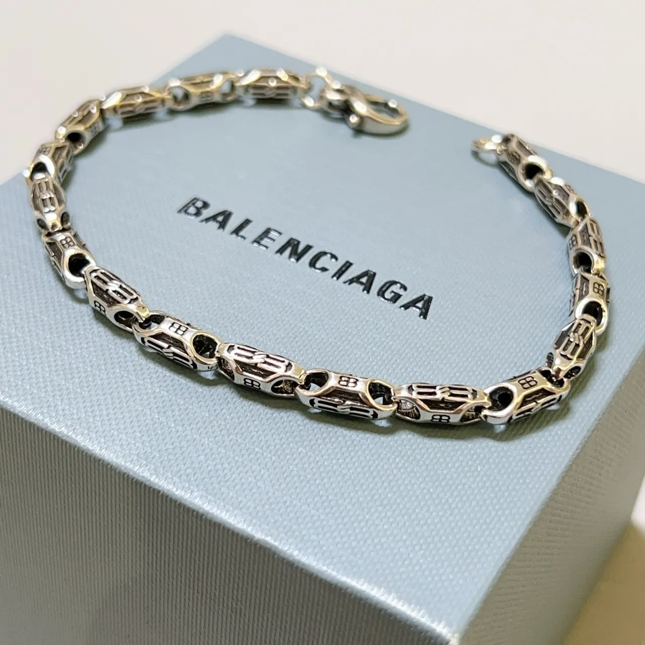 Balenciaga Monogrammed Chain-Link Two-Tone Silver Bracelet