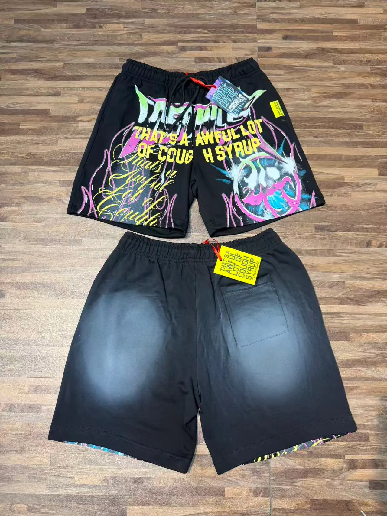 Black Graphic-Print Drawstring Waist Shorts
