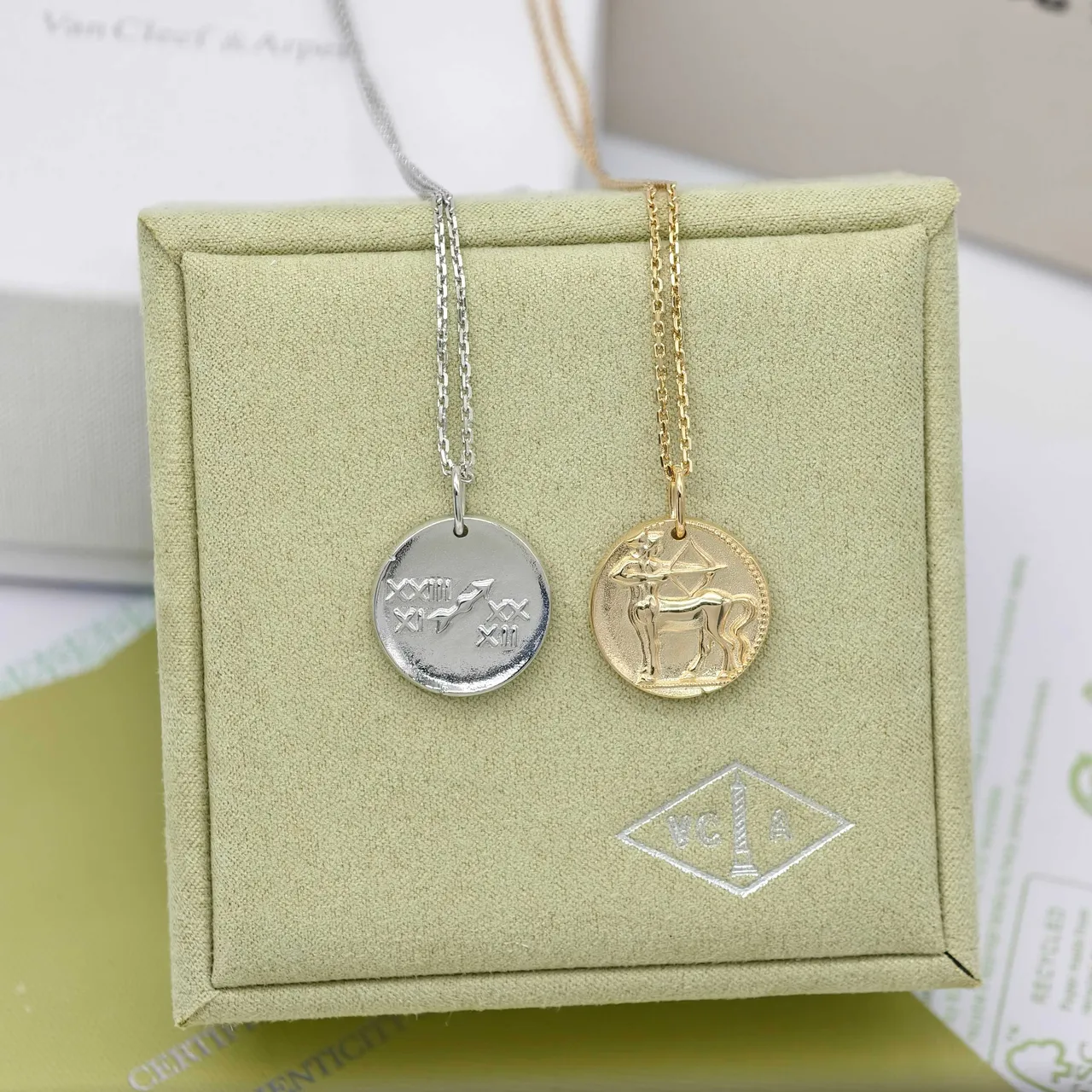 Van Cleef & Arpels Zodiac Silver Gold Circular Disc Pendants Engraved Motifs Necklace