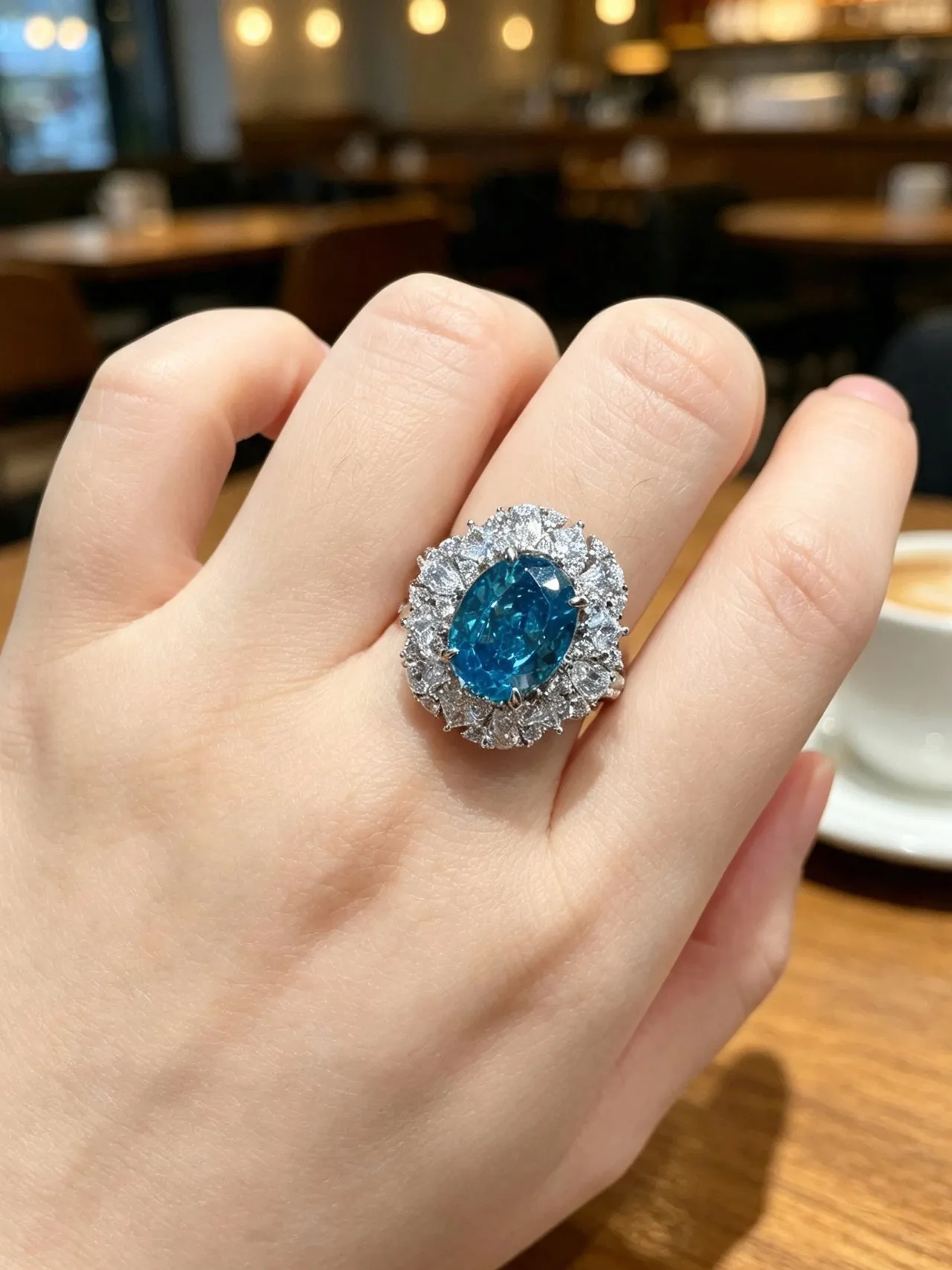 Blue Silver Oval-Cut Central Stone Halo Cluster Setting Ring