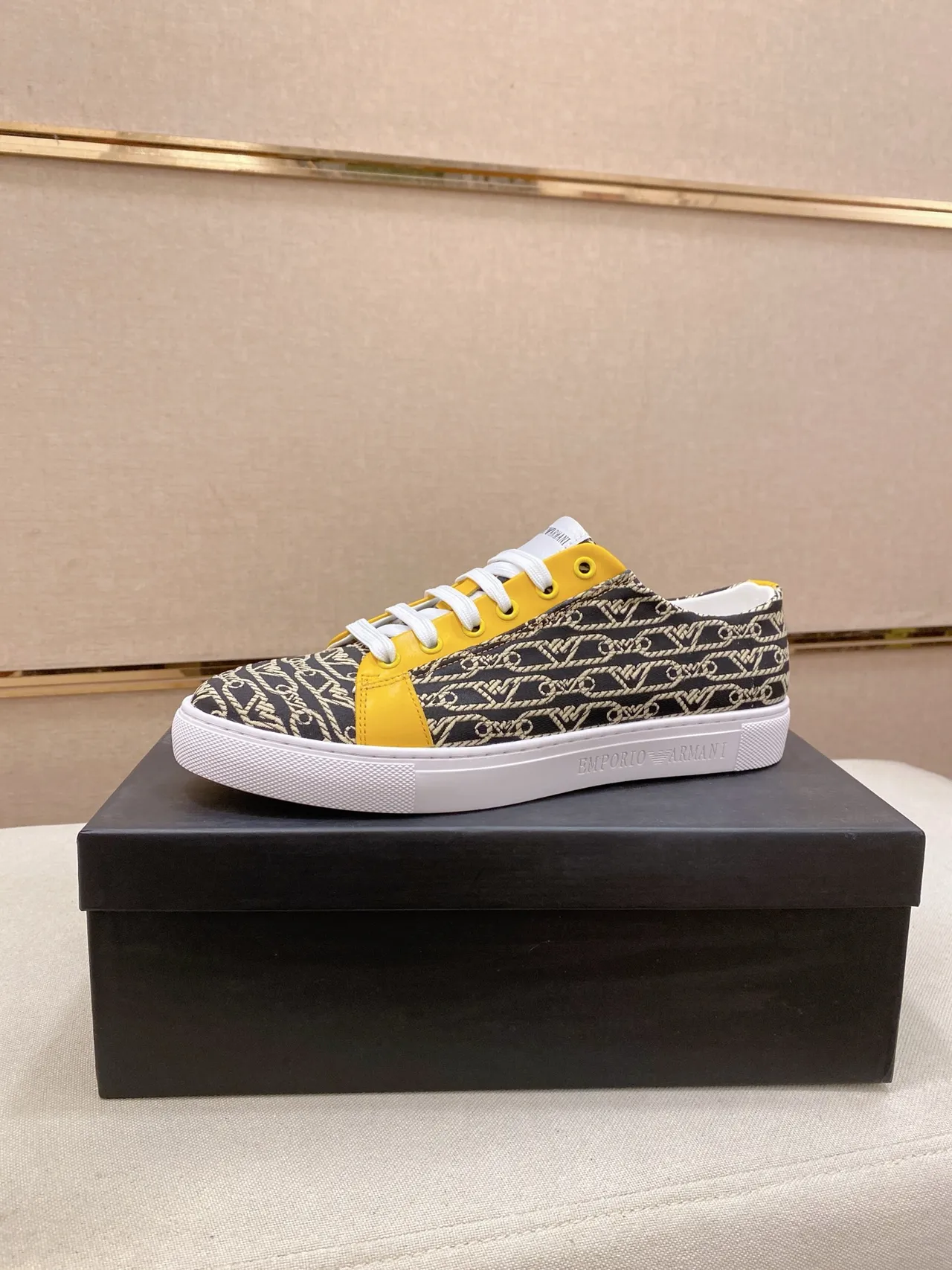 Emporio Armani Monogram Print and Yellow Panel Lifestyle Sneakers
