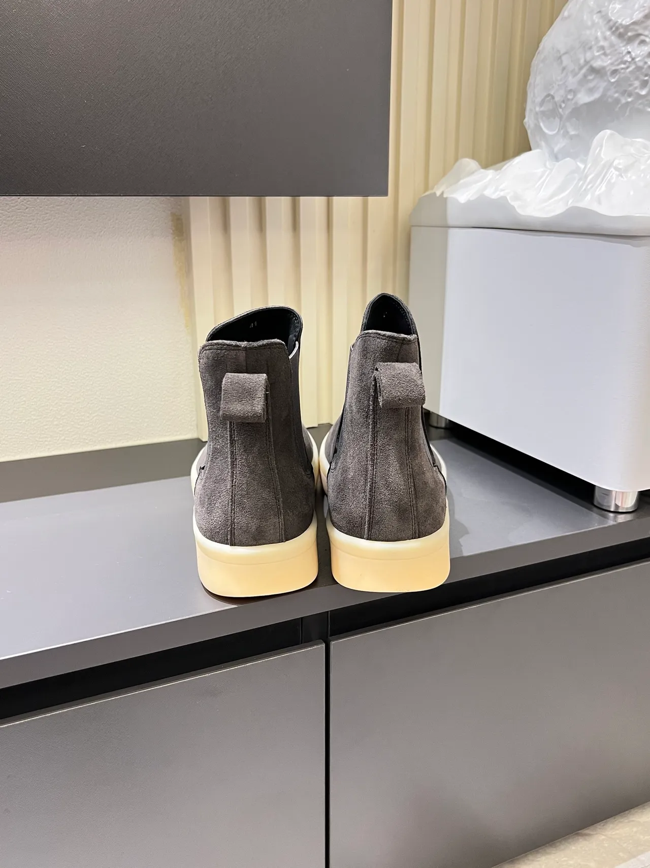 Gray Beige Suede Upper Elastic Side Gussets Chelsea Boots