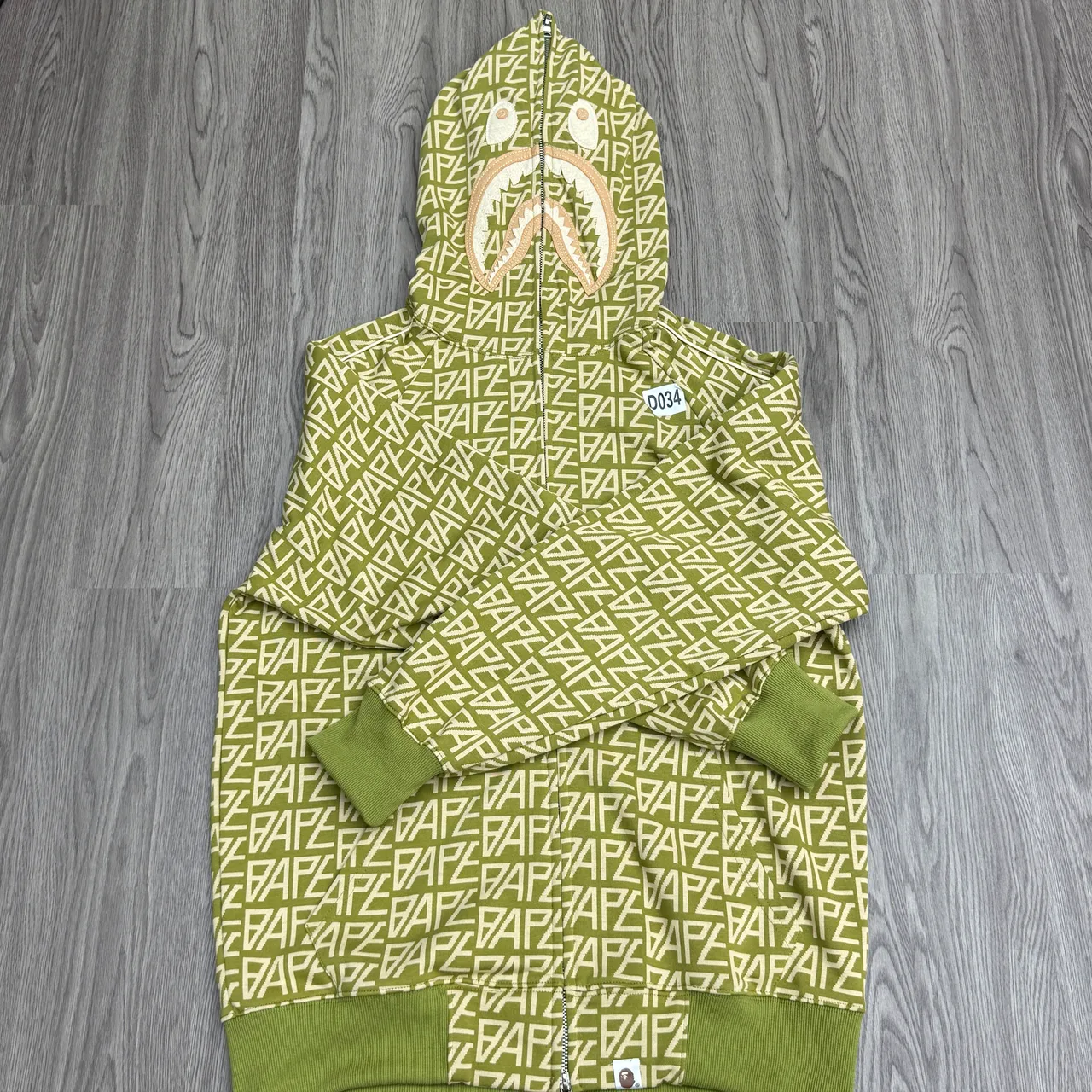 A Bathing Ape Shark Hoodie Olive Green All-Over Logo Jacket