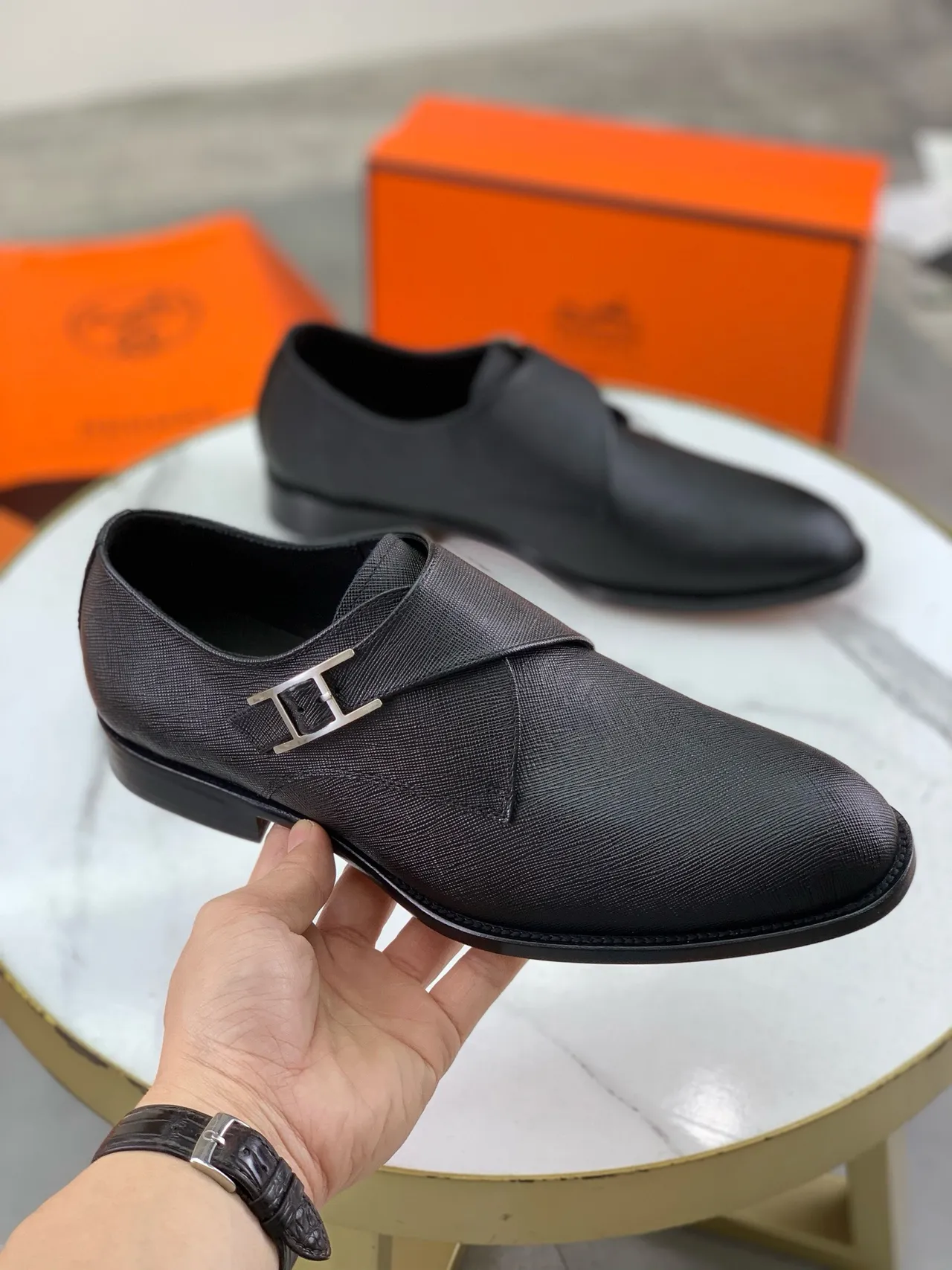 Hermès Black Textured Leather H-Buckle Monk Shoes