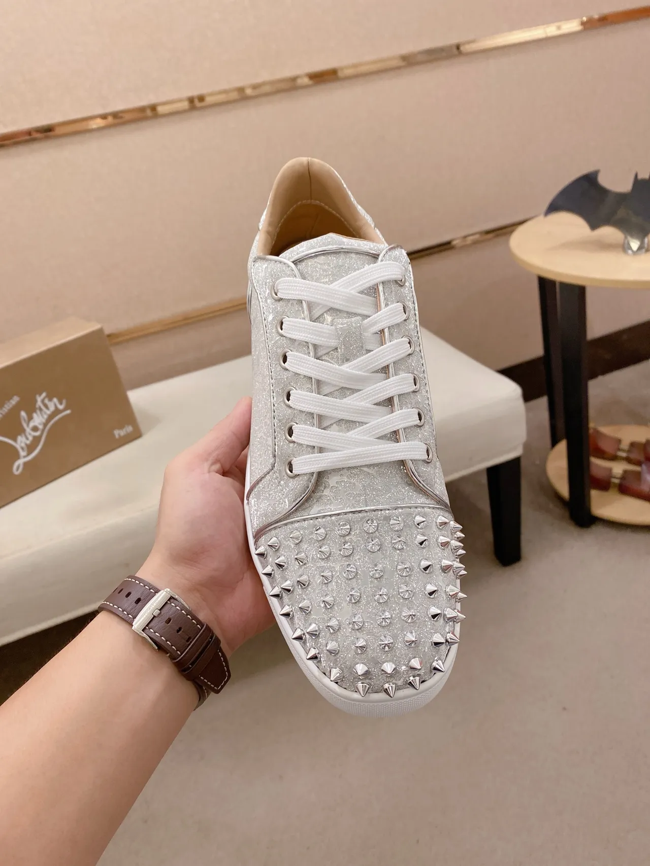 Christian Louboutin Silver White Glitter Upper Spiked Toe Cap Lifestyle Sneakers