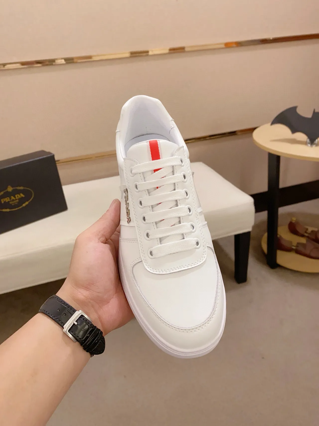 Prada White Red Low-Top Smooth Leather Lifestyle Sneakers