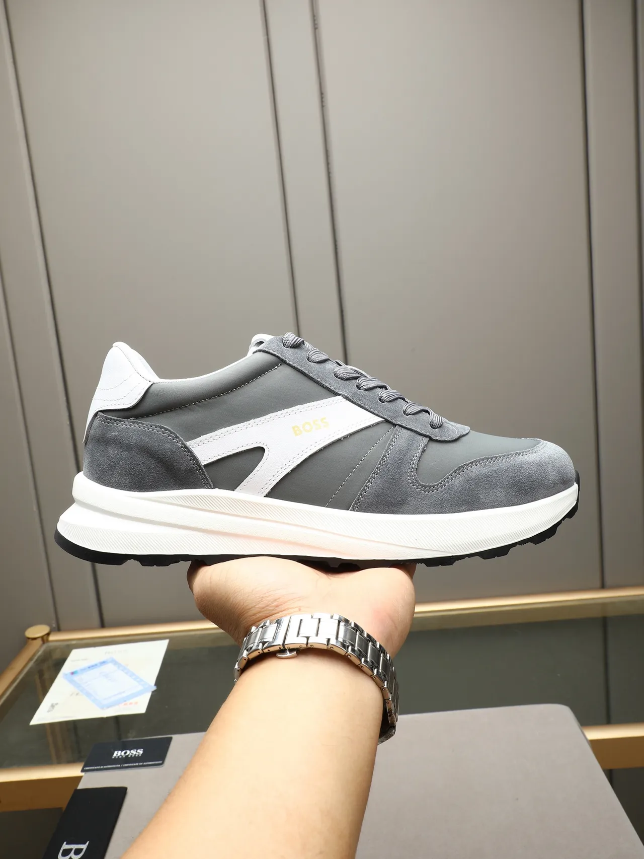 Hugo Boss Gray White Suede-and-Synthetic Upper Contrast Side Stripe Sneakers