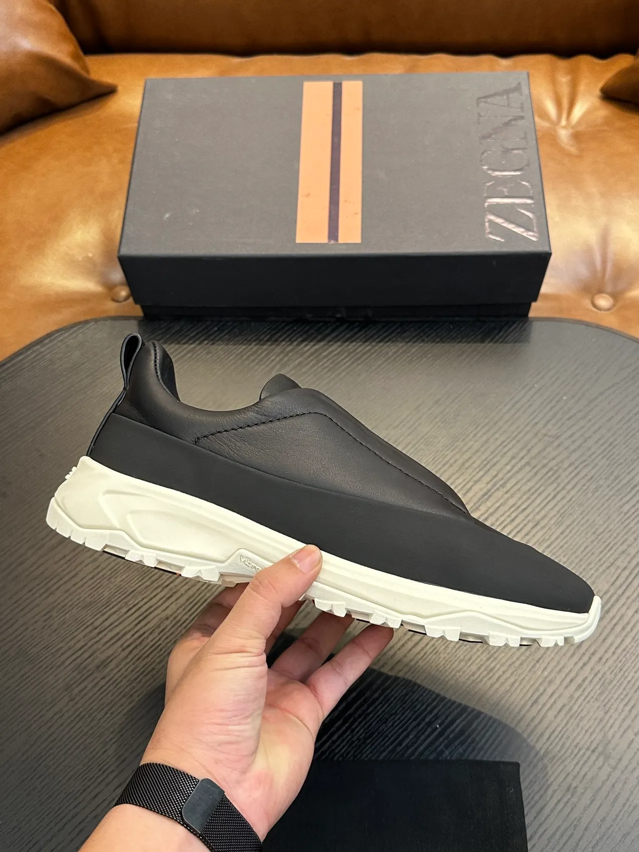 Zegna Black Leather Slip-On Lifestyle Sneaker