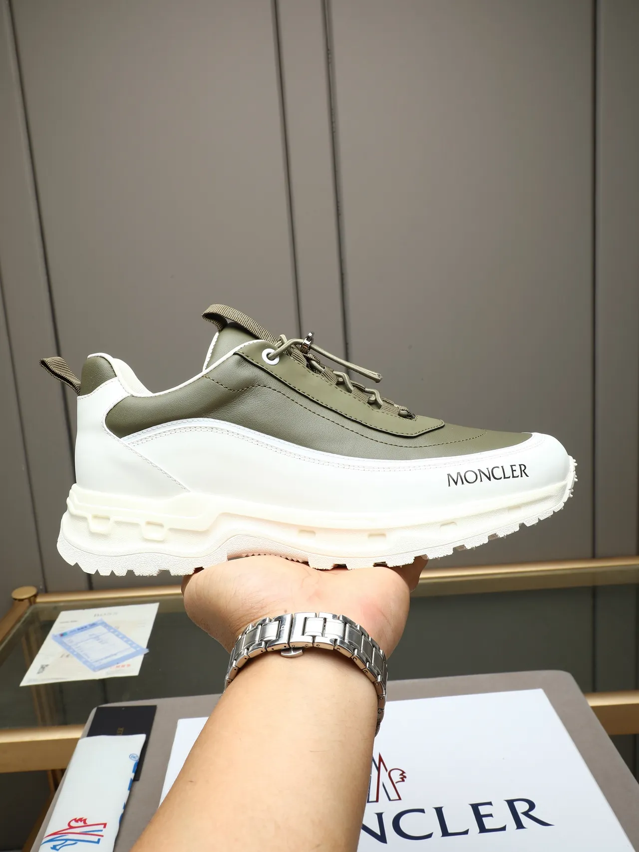 Moncler Olive Green and White Leather-Paneled Lifestyle Sneakers