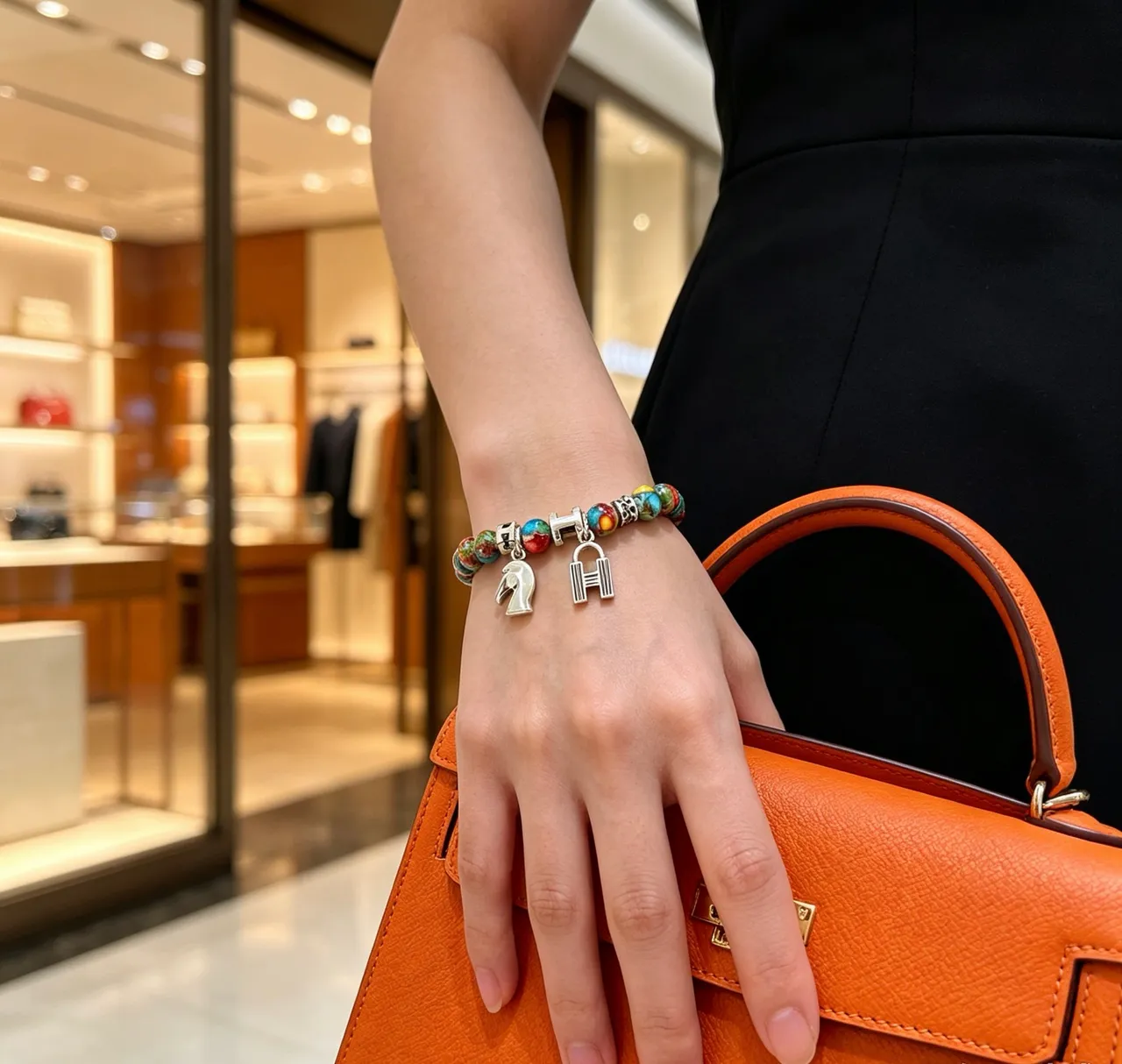 Hermès H Charm Bracelet Multicolor Enamel Bead Bracelet