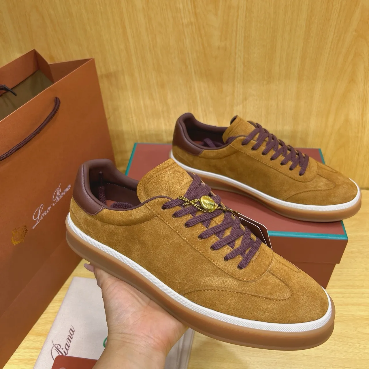 Loro Piana Brown Burgundy Suede Upper Contrast Laces And Heel Tab Sneakers