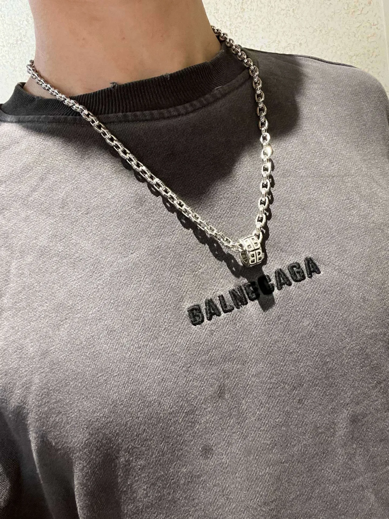 Balenciaga BB Motif Pendant Silver Chain Necklace