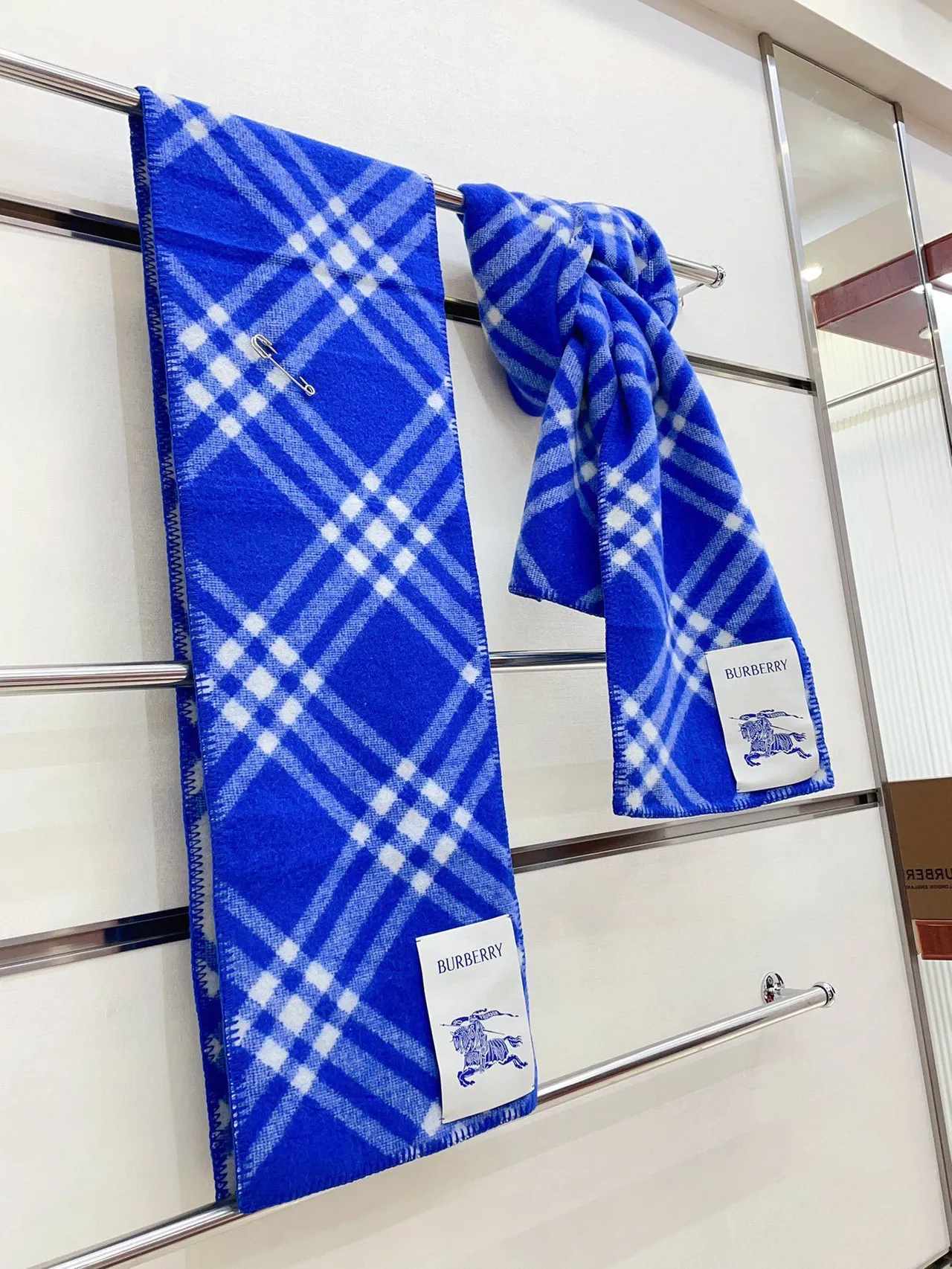 Burberry Blue and White Check Cashmere Scarf