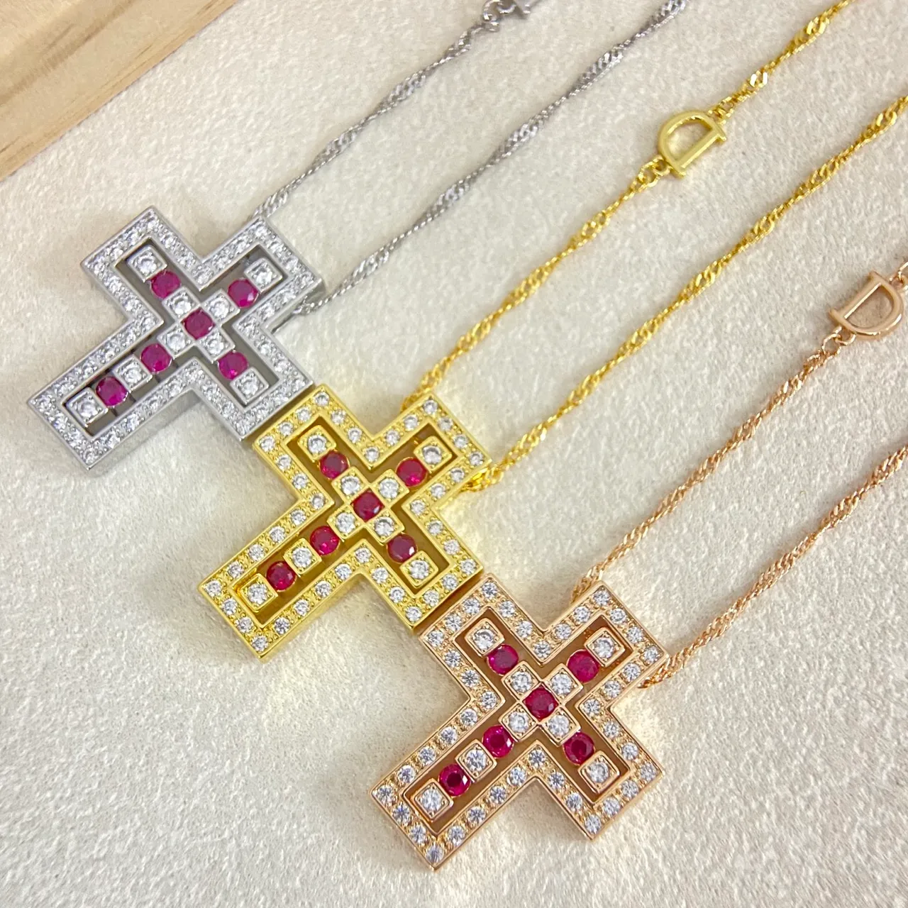 Gold Multicolor Geometric Cross Pendant Pavé-Set Stones Necklace