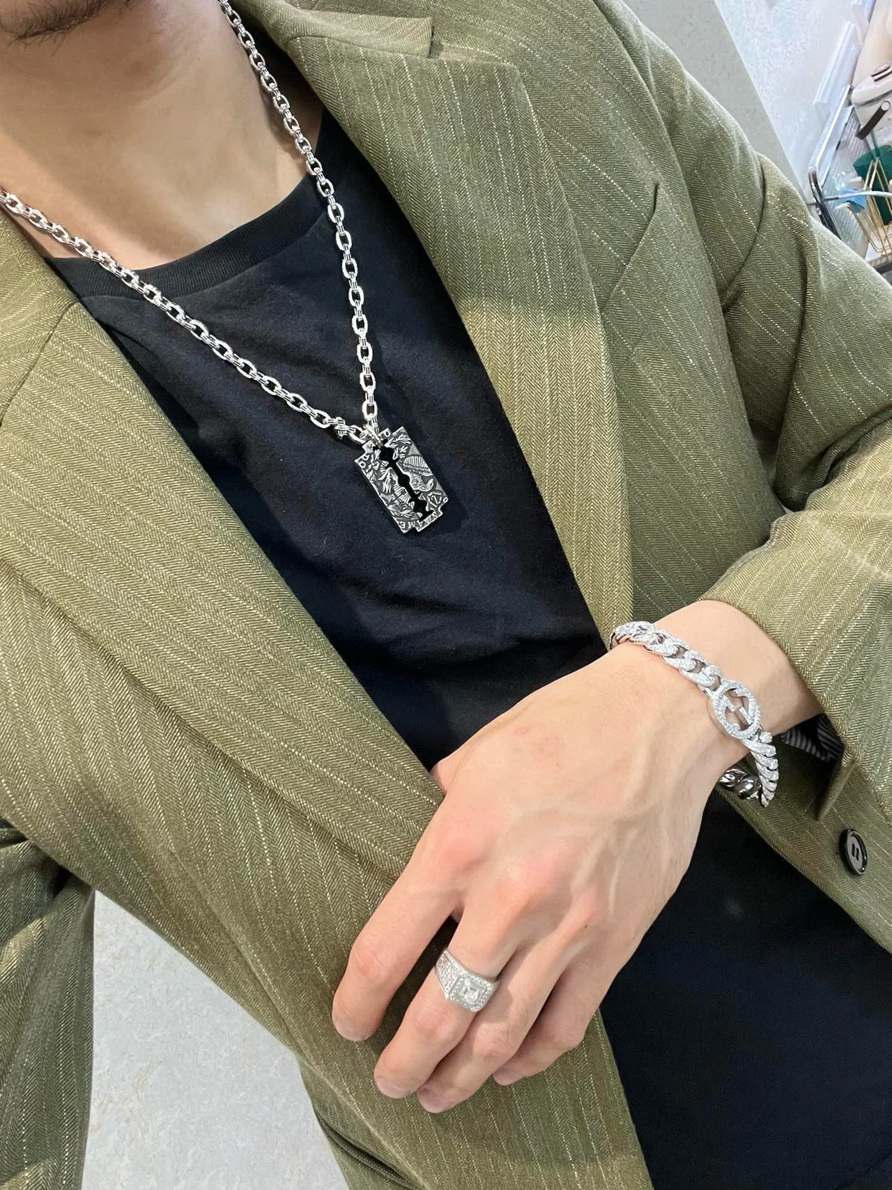 Balenciaga Razor Blade Pendant Silver Chain Necklace