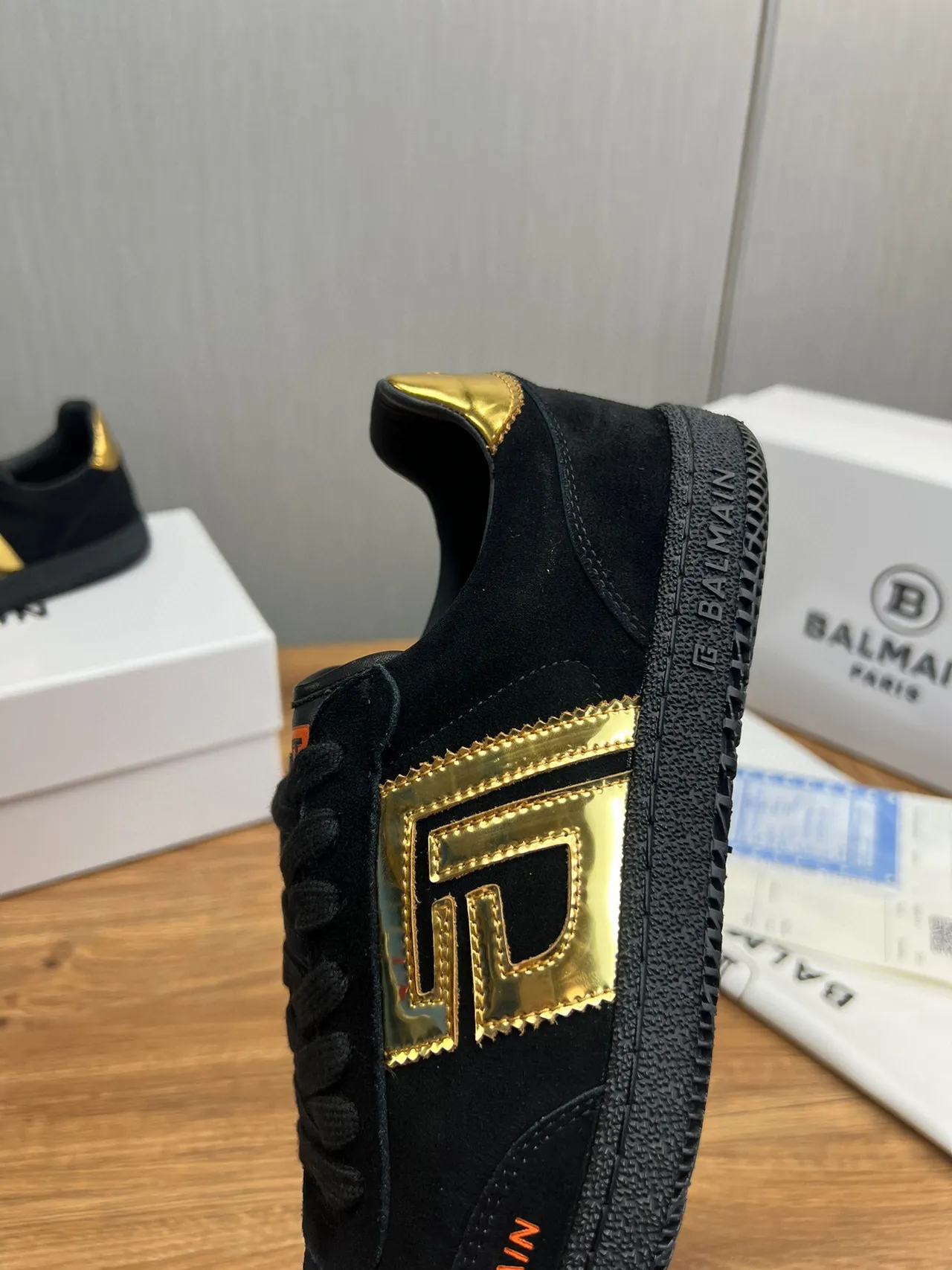 Balmain Black Gold Suede Upper Monogram Logo Lifestyle Sneakers
