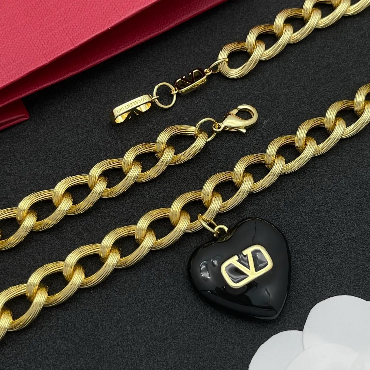 Valentino VLogo Heart Black and Gold Chain Necklace