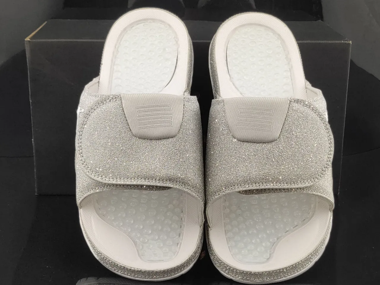 Air Jordan Silver White Glitter Upper Molded Footbed Slippers