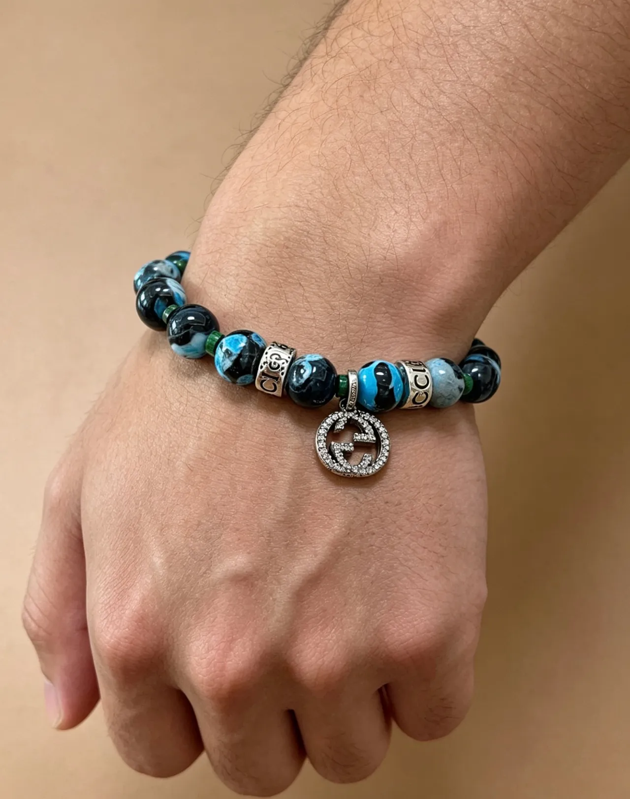 Gucci Blue Black Marbled Agate-Style Beads Pavé Crystal GG Charm Bracelet