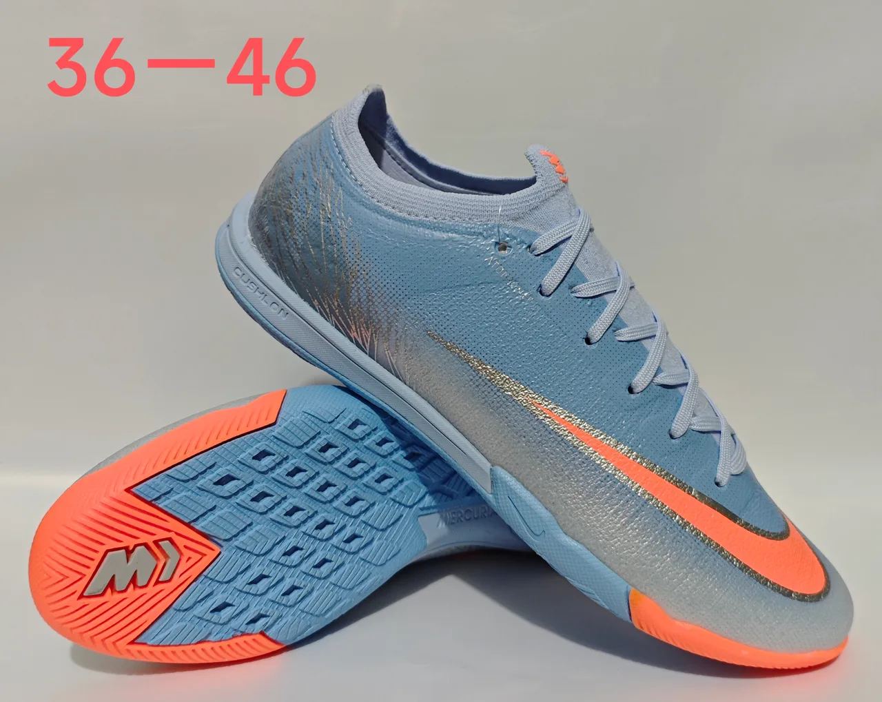 Nike MercurialX Blue Orange Low-Cut Knit Upper Metallic Silver Overlay Indoor Soccer Shoes