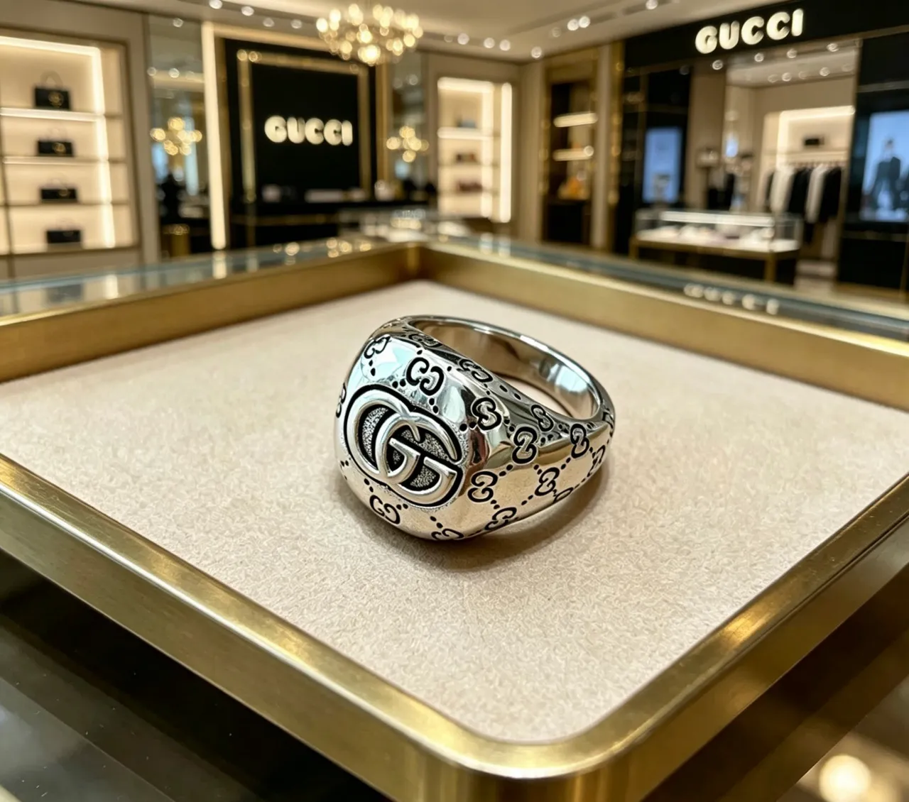 Gucci GG Monogram Ring Silver Black Polished Enamel Ring