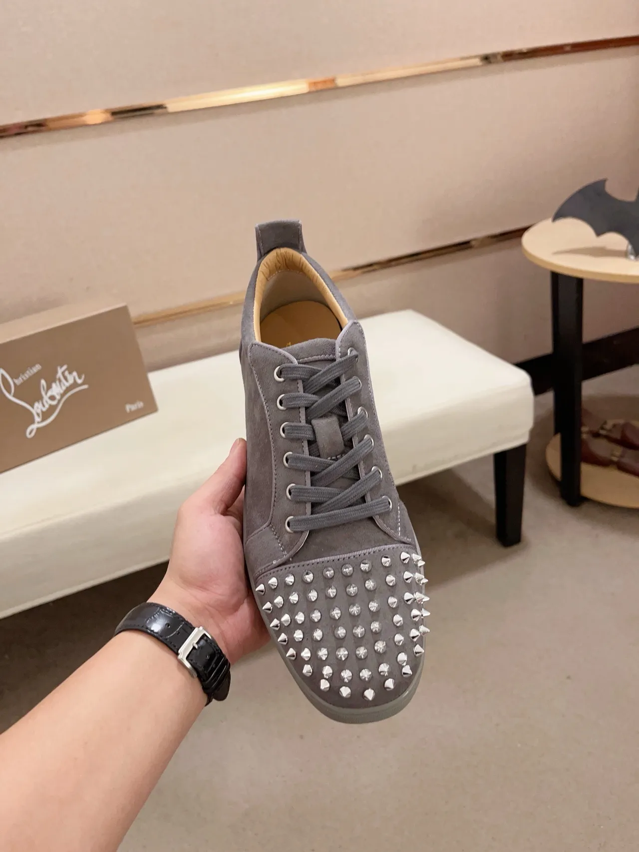 Christian Louboutin Gray Silver Suede Upper Spiked Toe Cap Lifestyle Sneakers