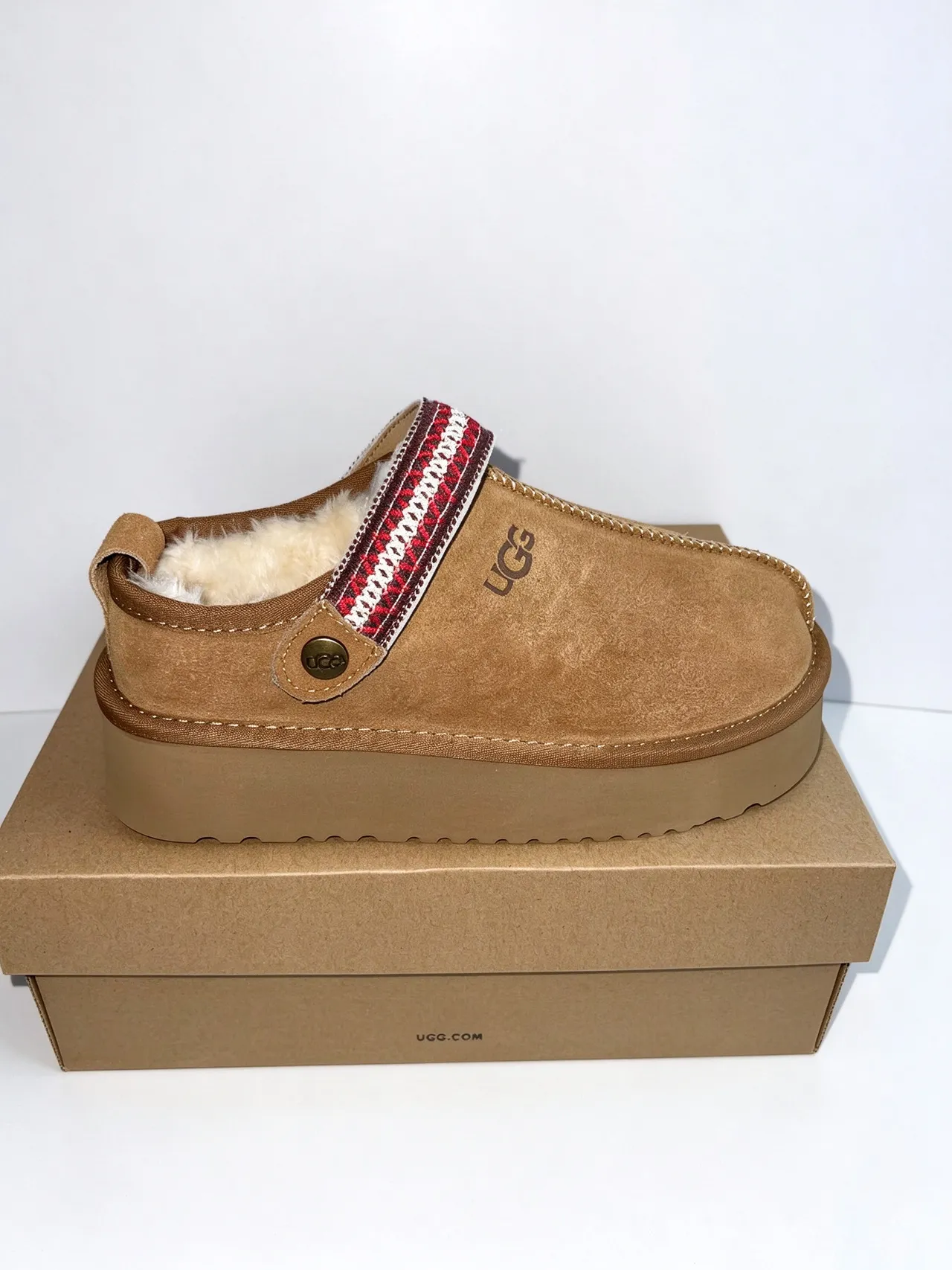 UGG Tasman Beige Red Platform Sole Woven Strap Casual Shoes