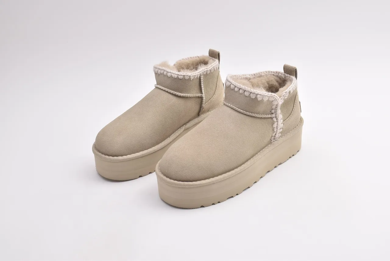 UGG Beige White Platform Sole Braided Trim Snow Boots