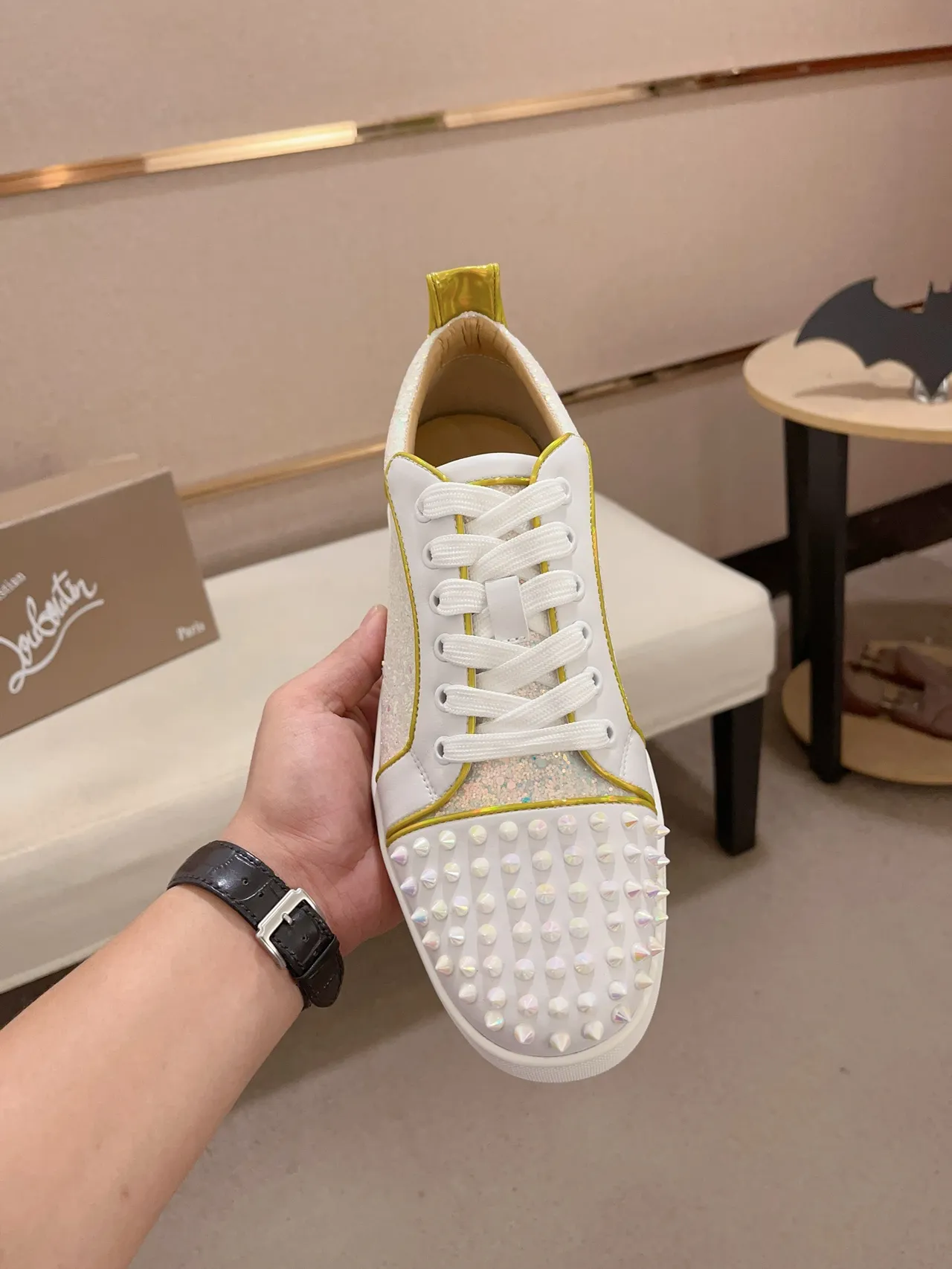 Christian Louboutin White Gold Spiked Toe Glitter Panel Lifestyle Sneakers