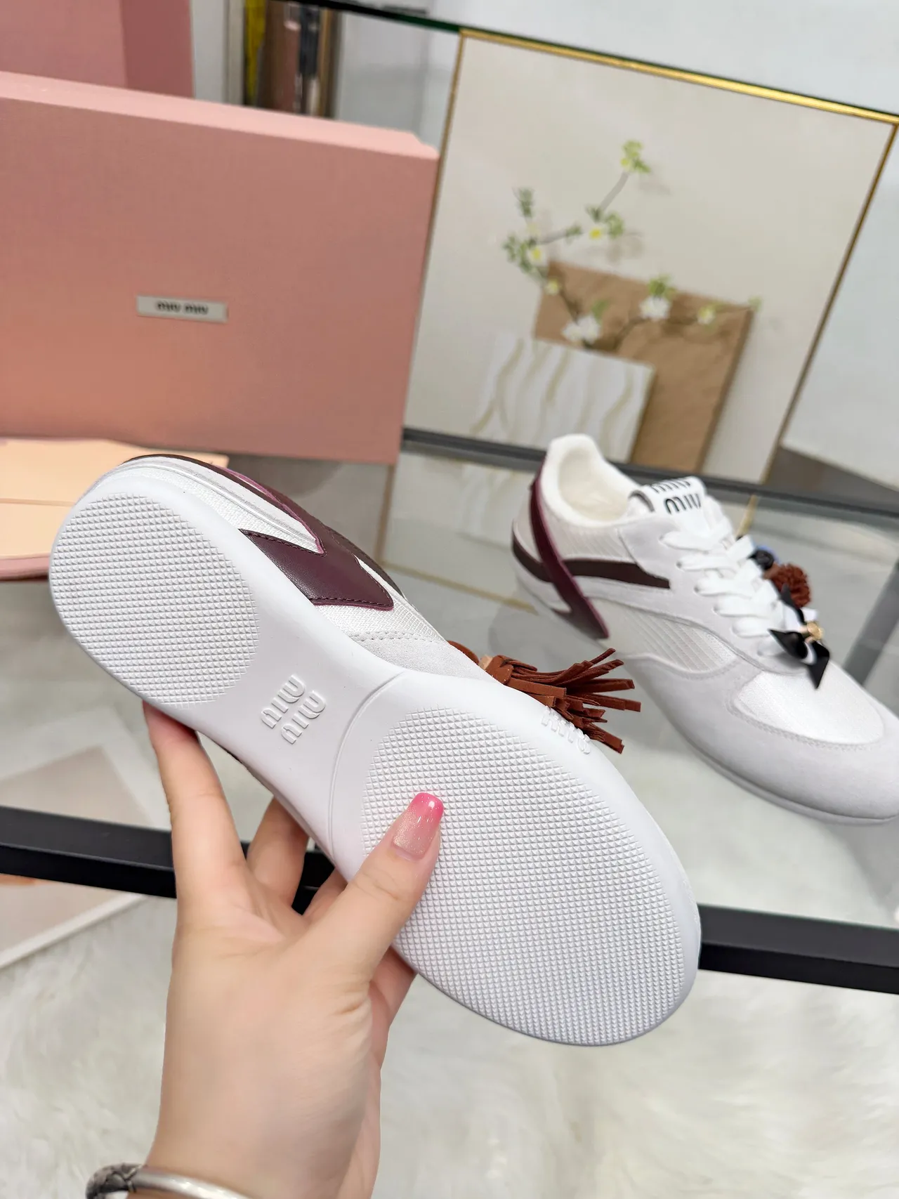 Miu Miu White Burgundy Suede And Mesh Upper Leather Side Stripe Lifestyle Sneakers