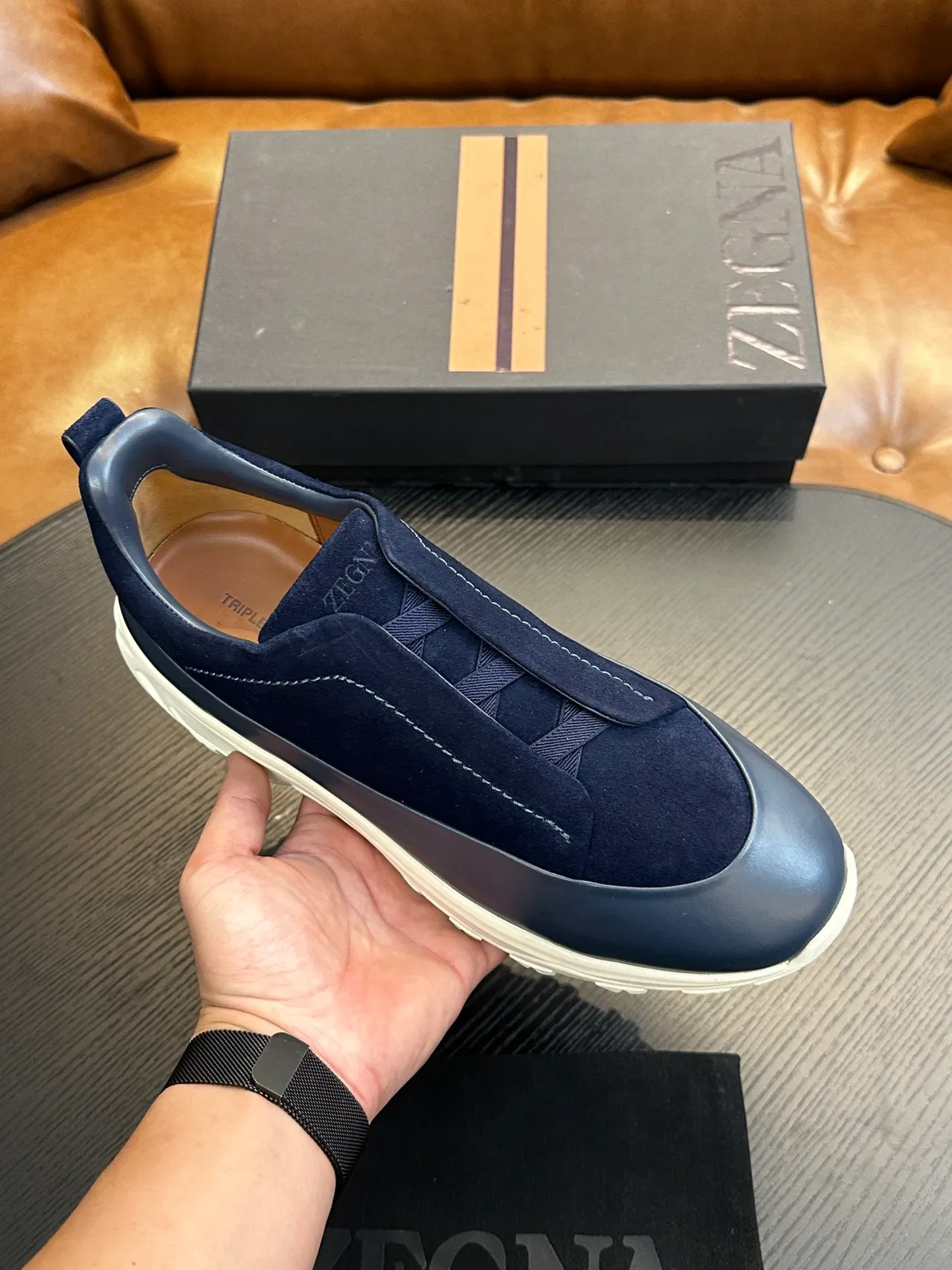 Zegna Navy Suede Slip-On Lifestyle Sneakers