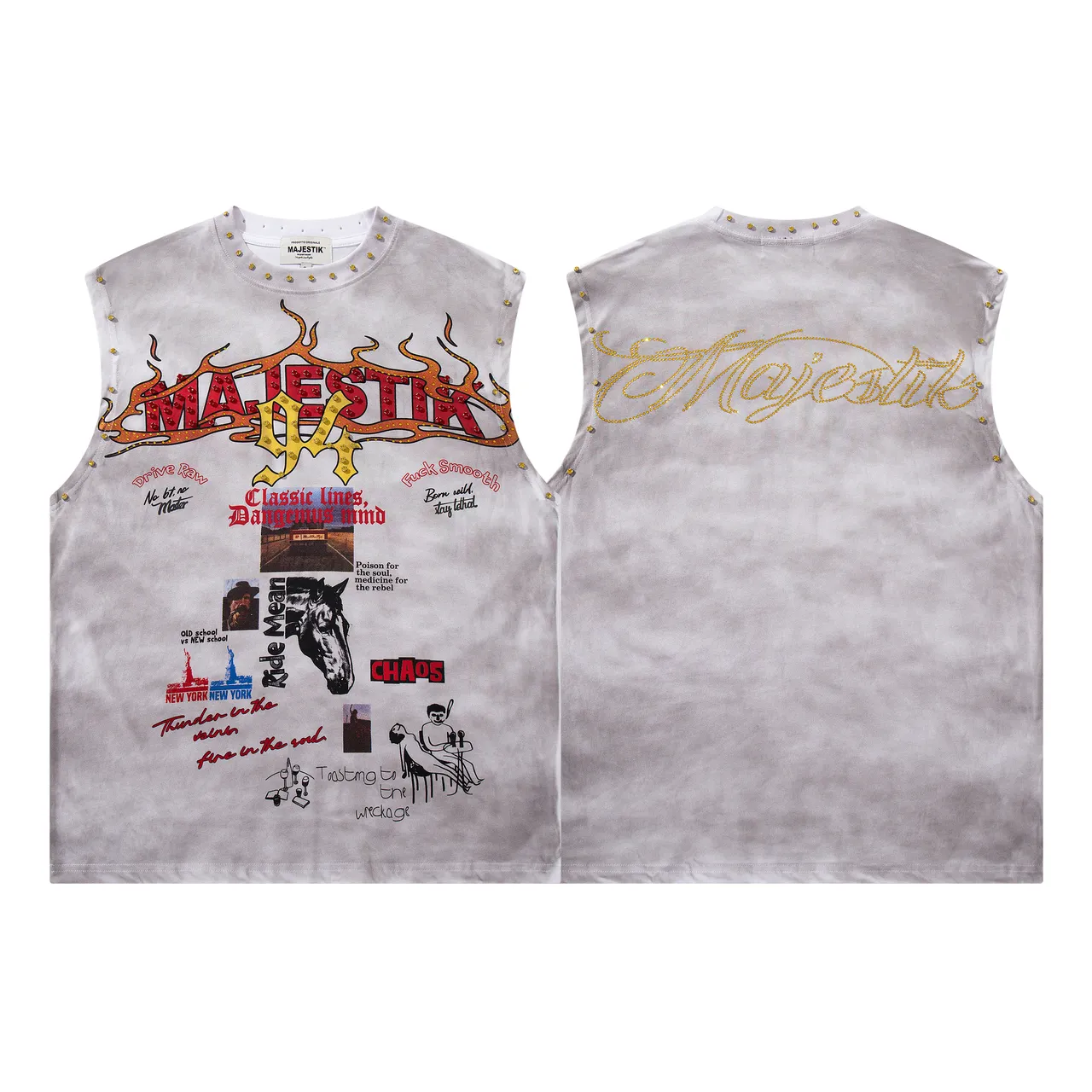 MAJESTIK Tie-Dye Gray Studded Graphic Vest Top