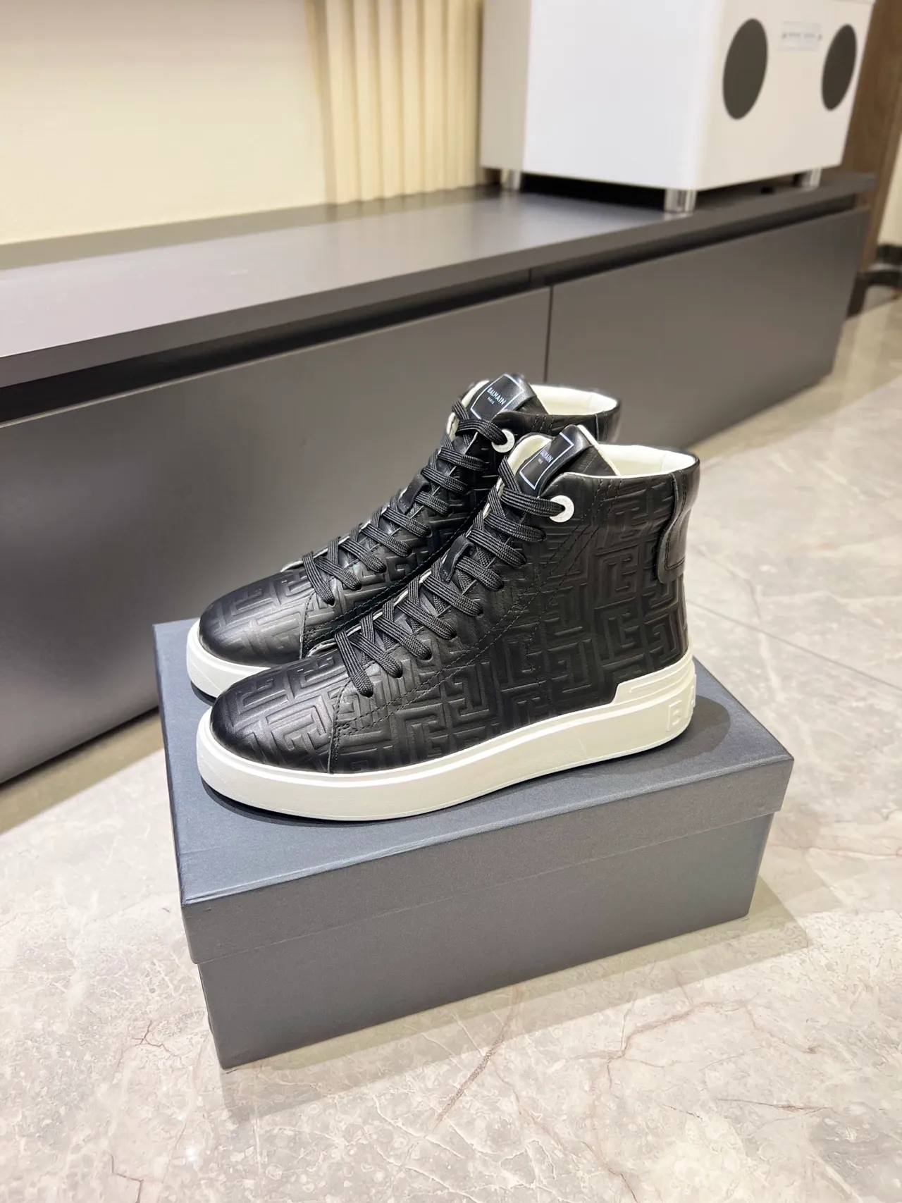 Balmain Black White High-Top Embossed Logo Lifestyle Sneakers