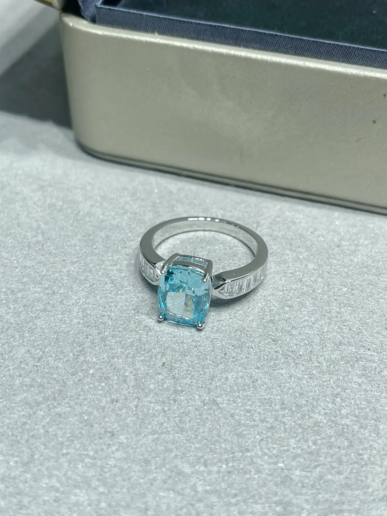 Blue Silver Cushion-Cut Central Stone Baguette Side Accents Ring