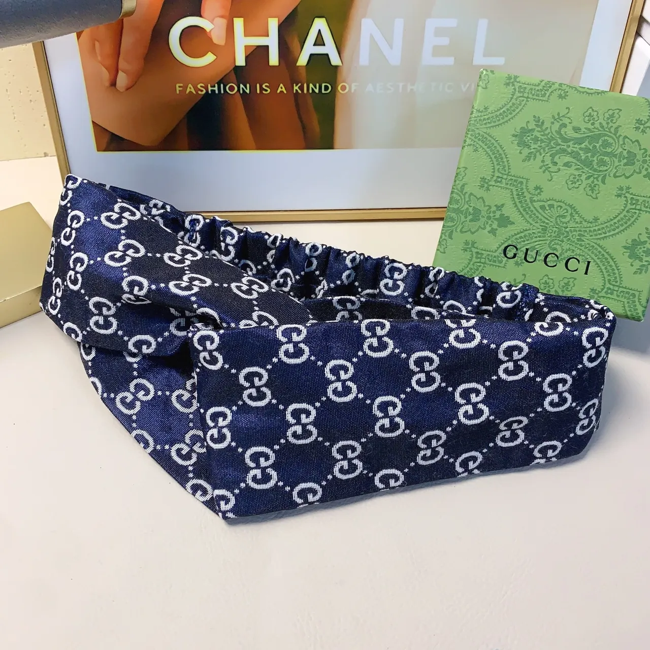 Gucci Multicolor Navy Interlocking GG Monogram Elastic Gathered Center Silk Scarf