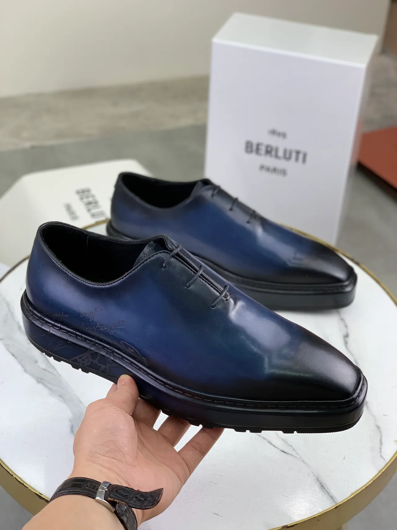 Berluti Gradient Blue-to-Black Leather Oxford Shoes