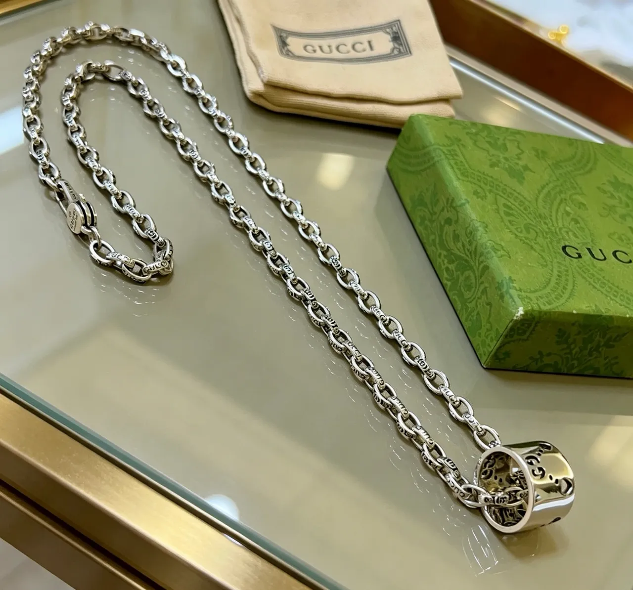 Gucci Silver Engraved Link Chain Necklace