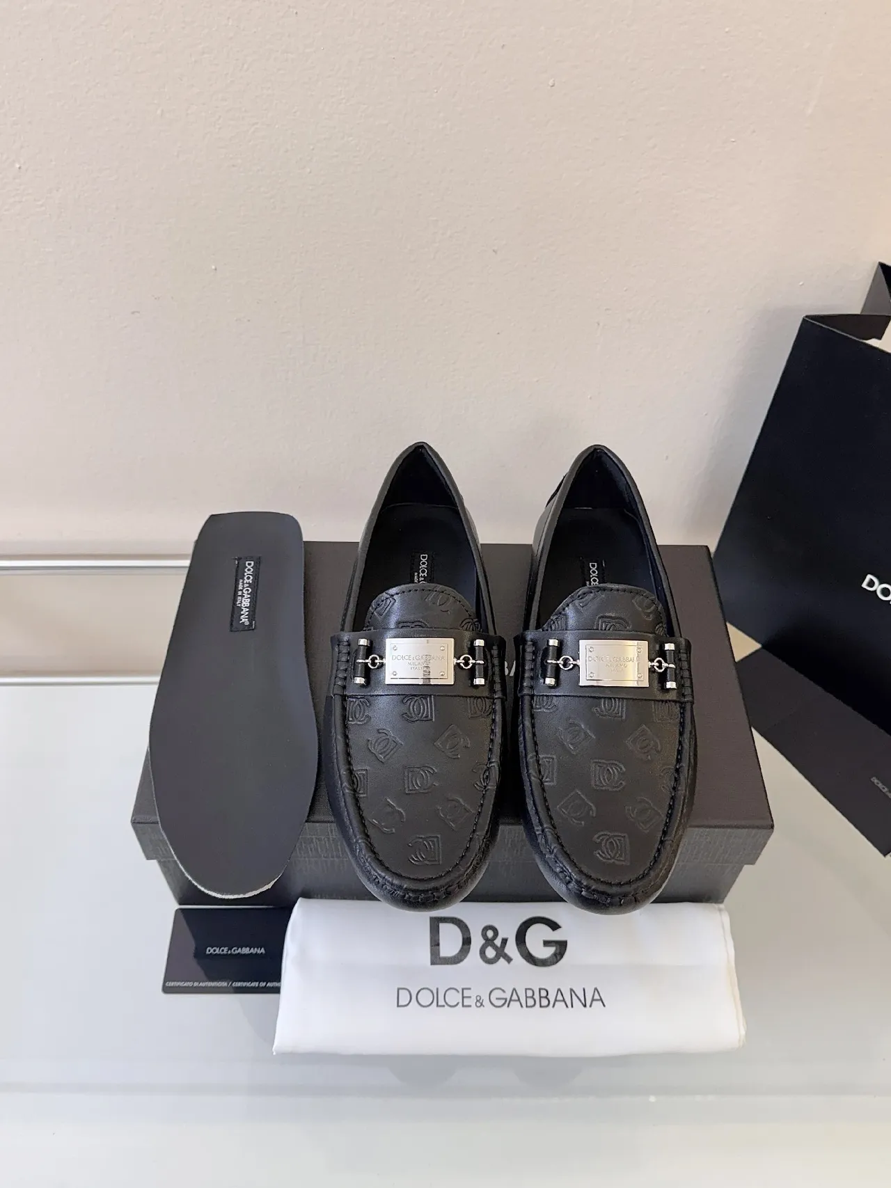 Dolce & Gabbana Portofino Embossed Monogram Black Leather Loafers