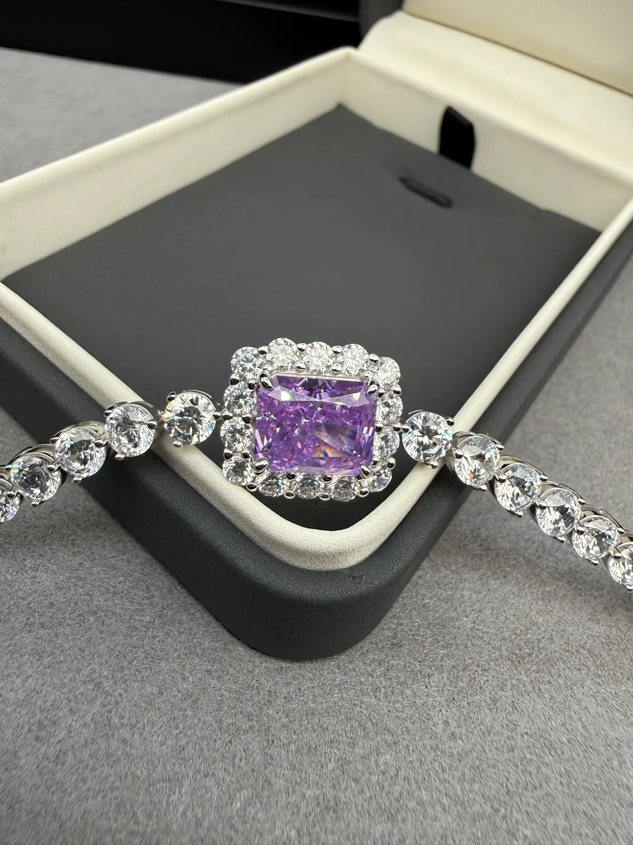 Purple Silver Square-Cut Central Gemstone Halo Setting Bracelet