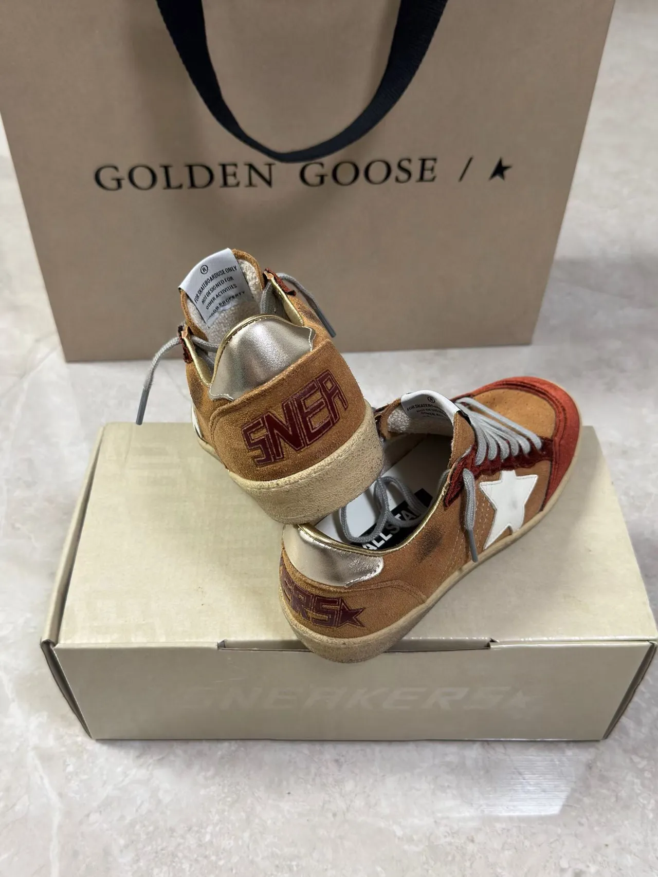 Golden Goose Super-Star Tan and Burgundy Suede Lifestyle Sneakers