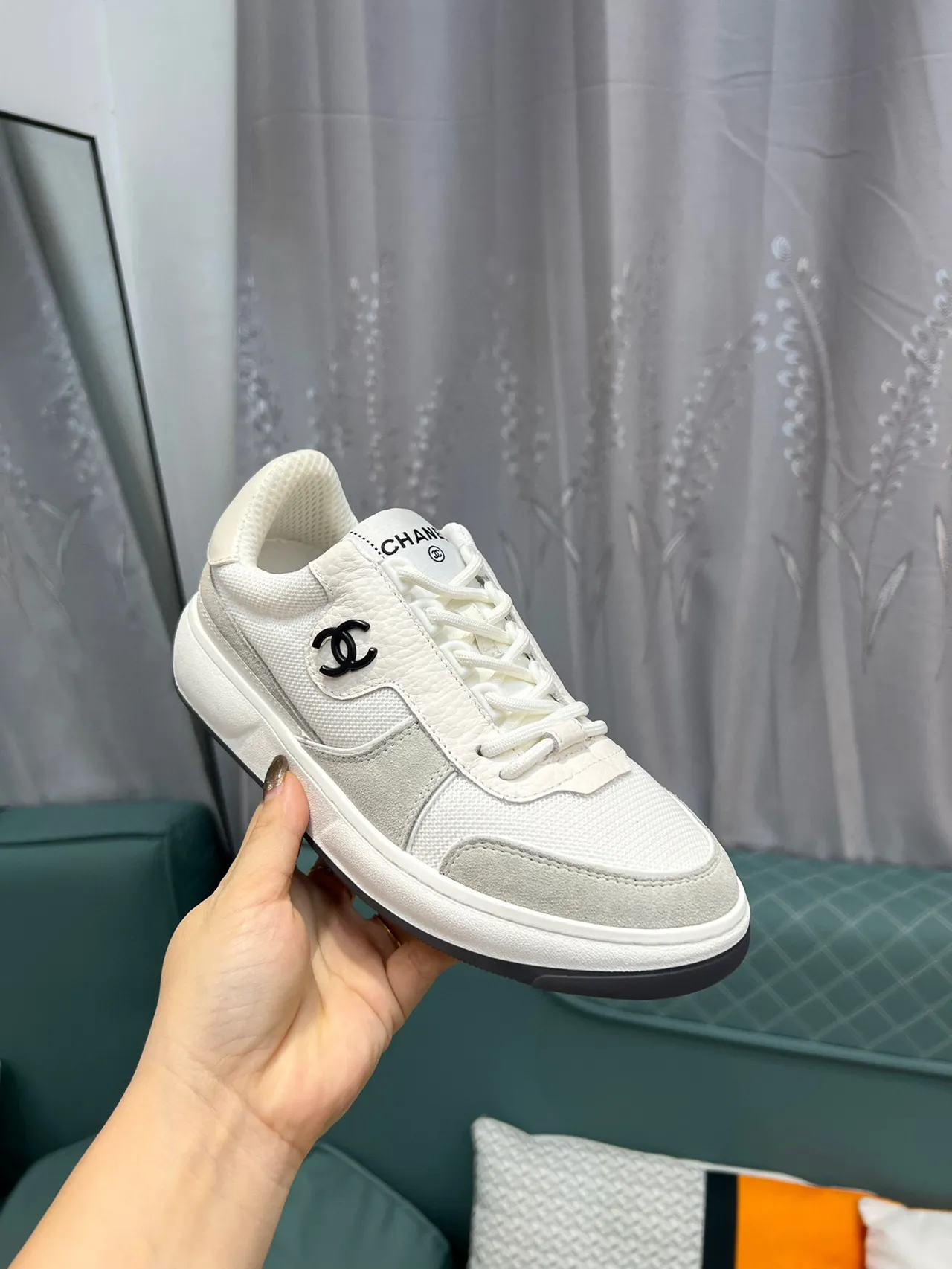 Chanel White Gray Low-Top Mixed-Material Lifestyle Sneakers