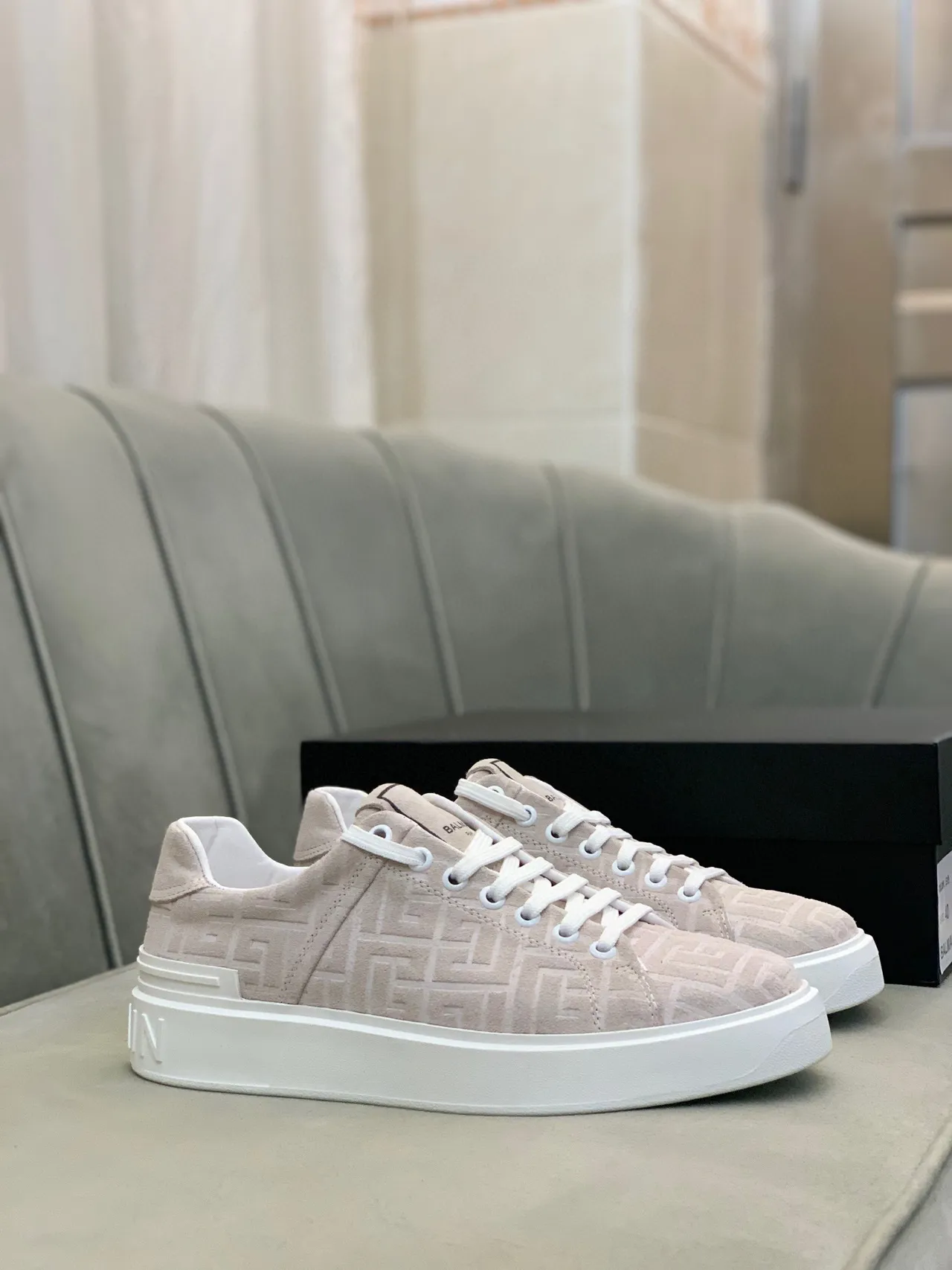 Balmain Beige White Monogrammed Upper Low-Top Lifestyle Sneakers