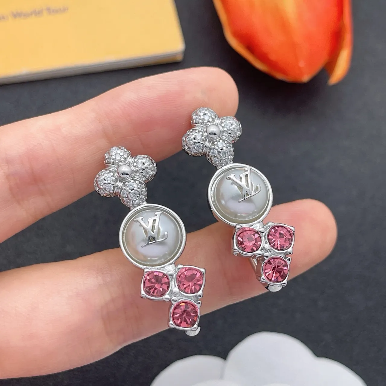 Louis Vuitton Floral Pearl and Pink Crystal Earrings