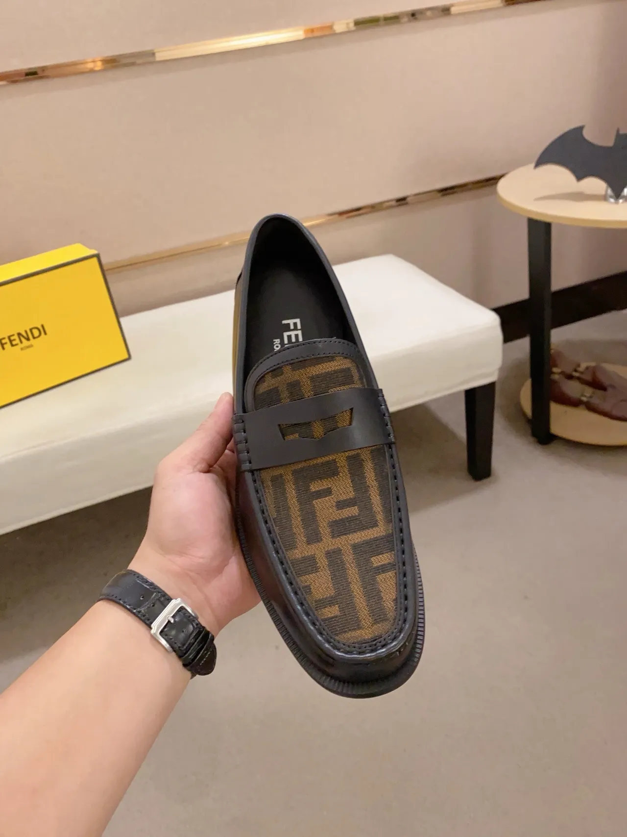 Fendi FF Logo Loafer Black Brown Monogram Canvas Vamp Leather Upper Loafer